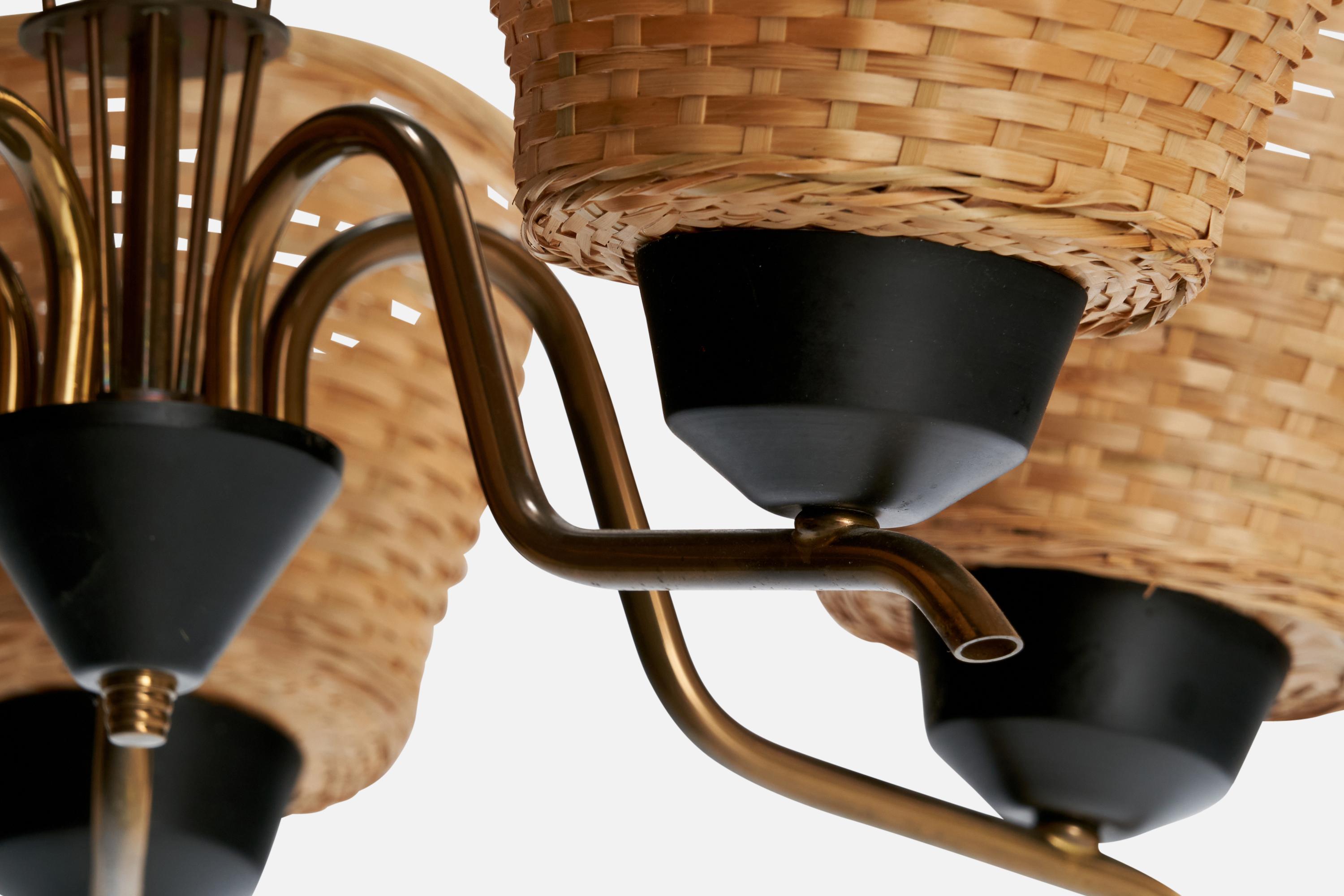 Lampadario di design finlandese, ottone, metallo, rattan, Finlandia, anni '50 in vendita 3