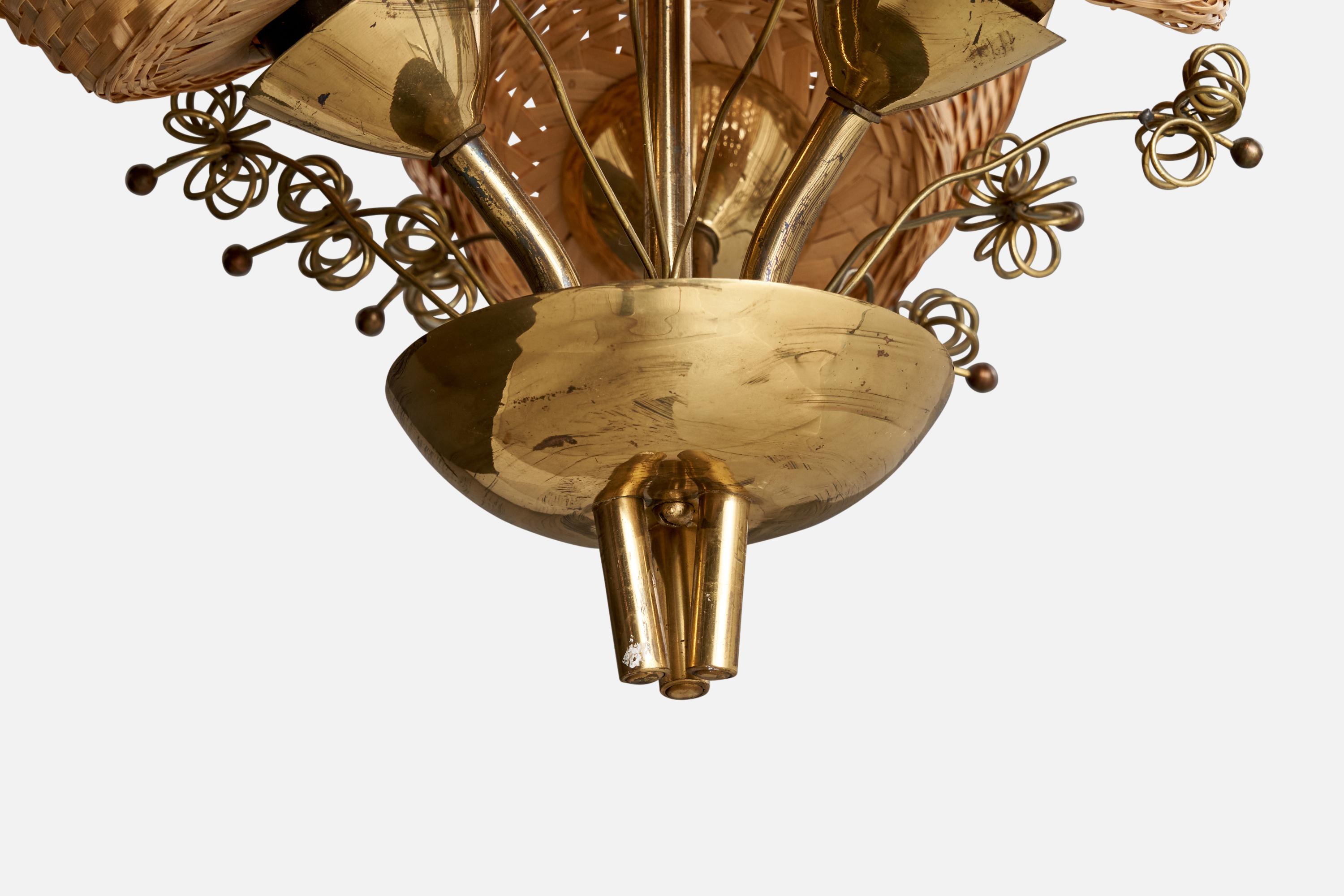 Rotin Lustre de designer finlandais, en laiton et rotin, Finlande, années 1940 en vente