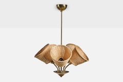 Finnish Designer, Chandelier, Brass, Rattan, Finland, 1950s