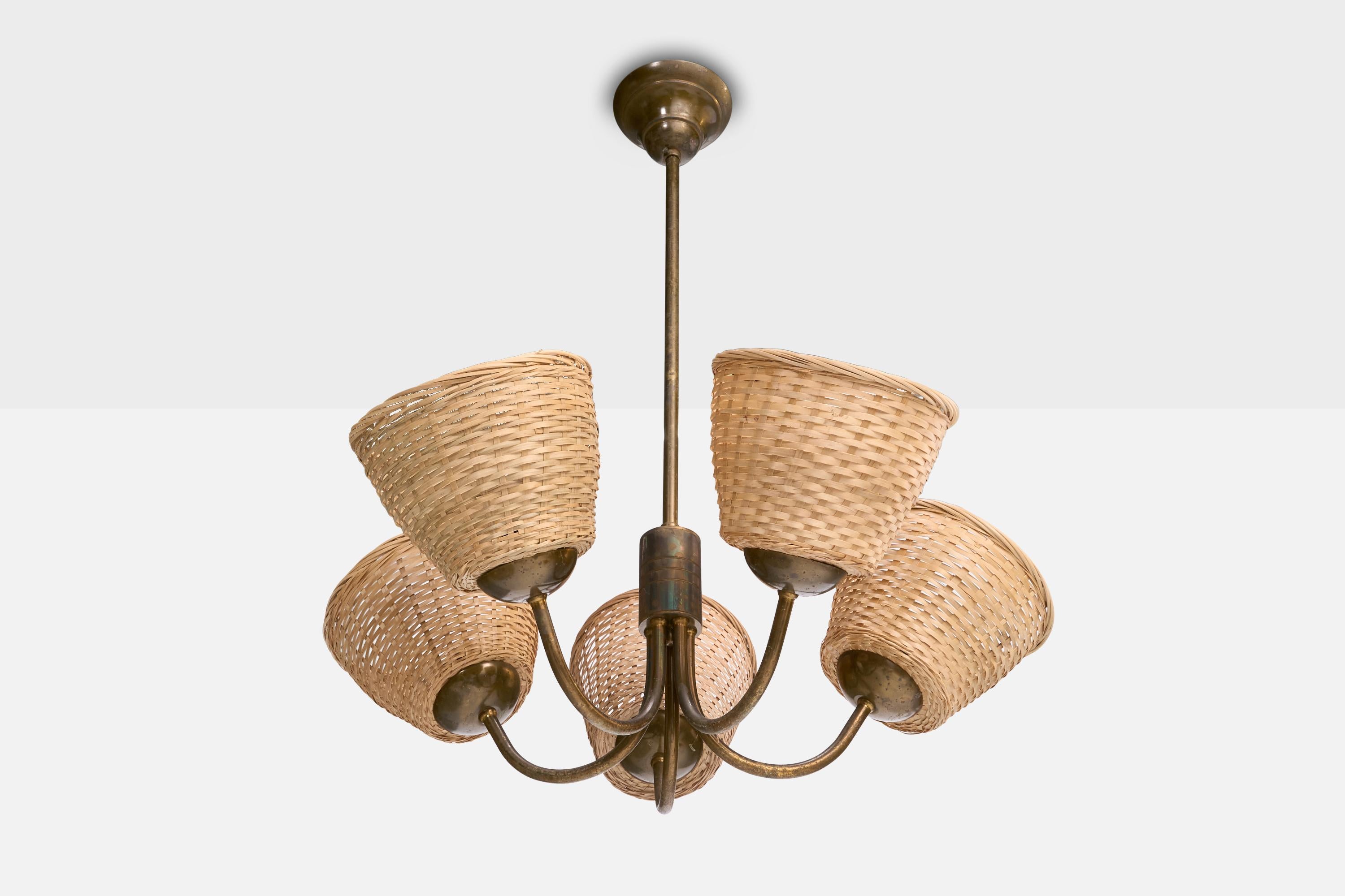 Finnischer Designer, Kronleuchter, Messing, Rattan, Finnland, 1950er Jahre im Zustand „Gut“ im Angebot in High Point, NC
