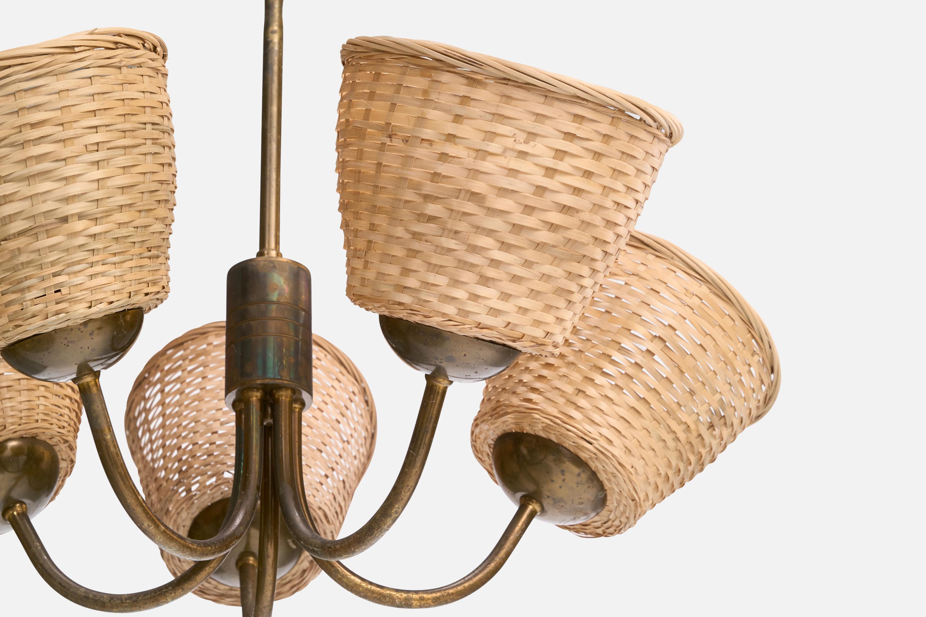 Finnischer Designer, Kronleuchter, Messing, Rattan, Finnland, 1950er Jahre im Angebot 2