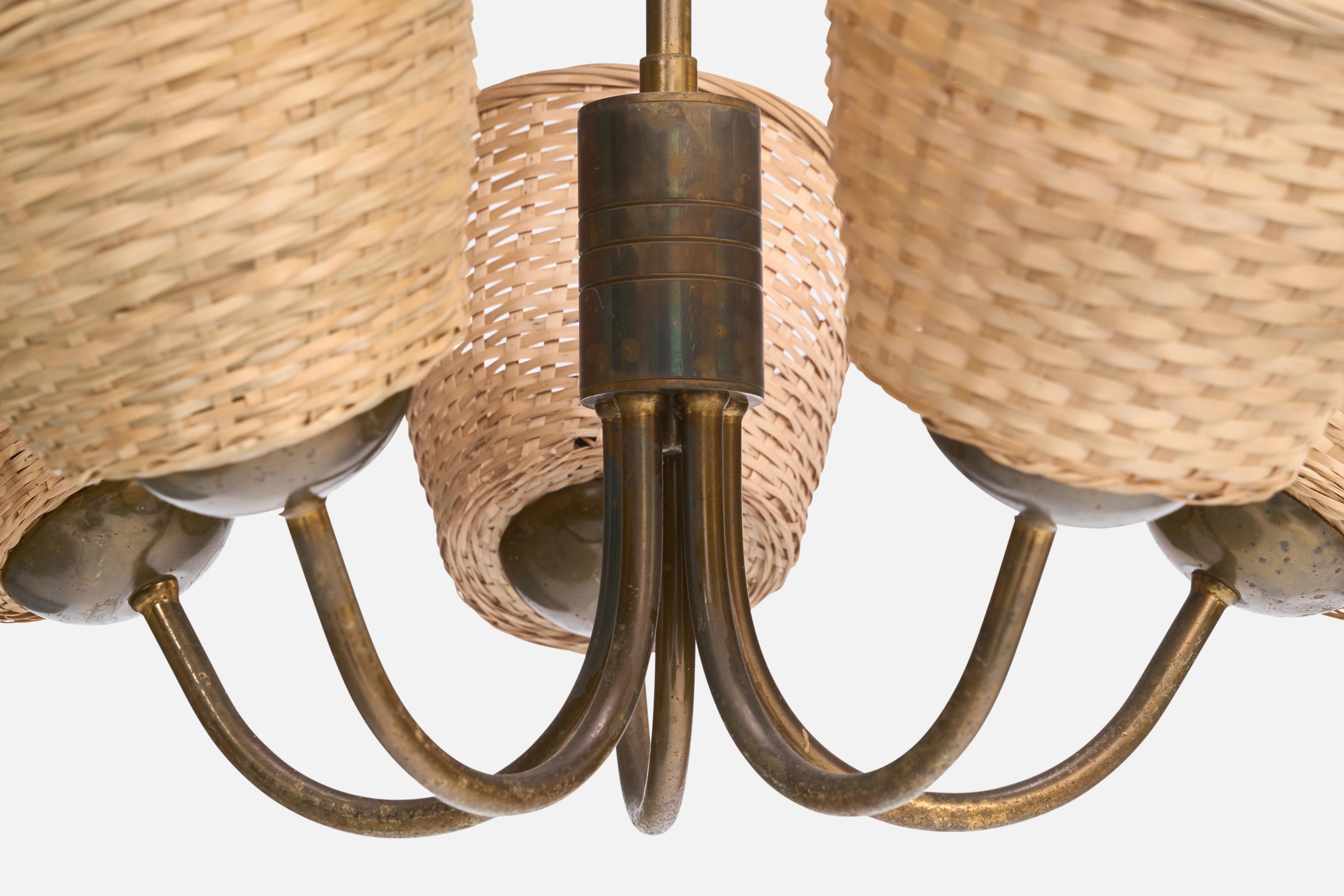 Finnischer Designer, Kronleuchter, Messing, Rattan, Finnland, 1950er Jahre im Angebot 3
