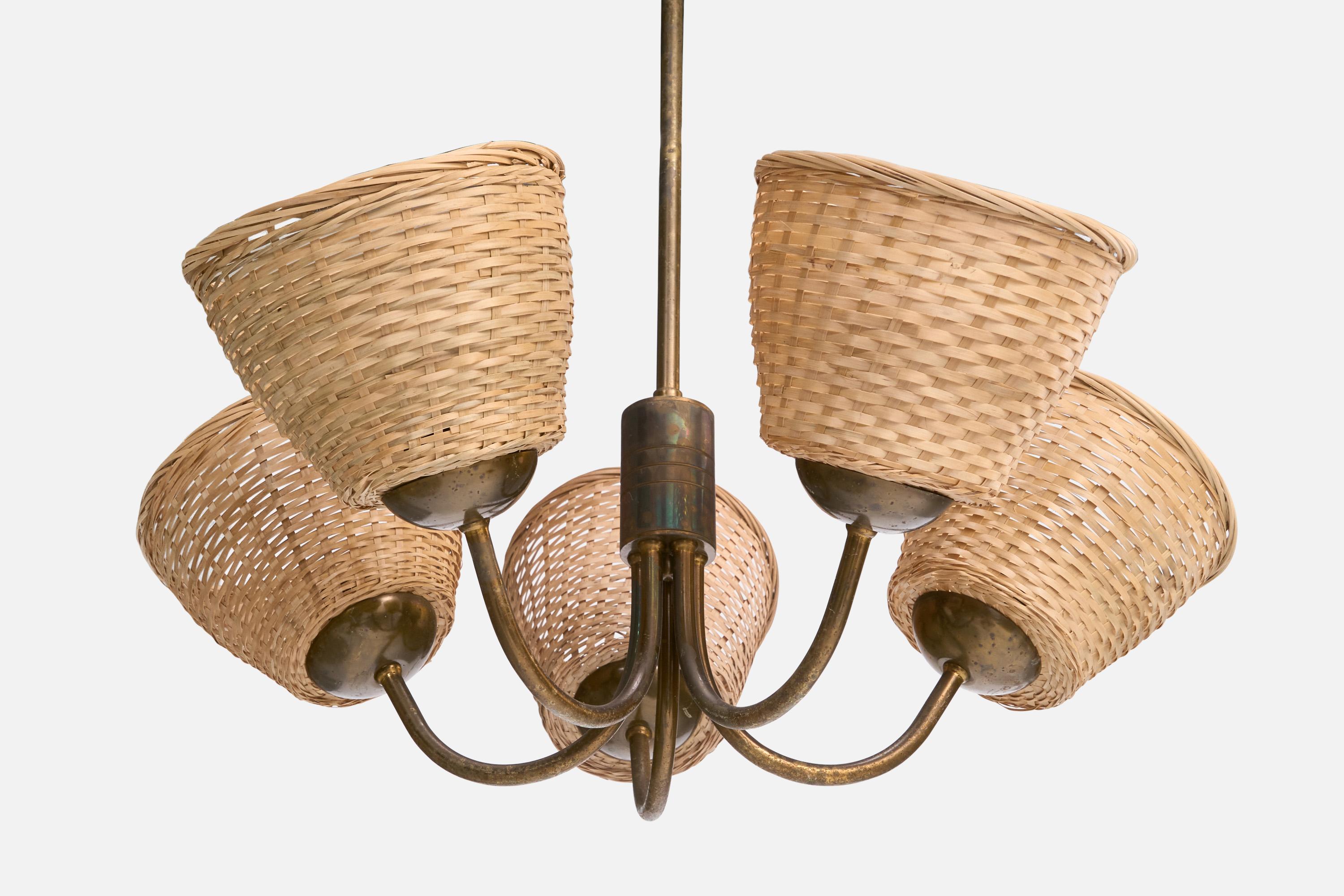 Finnischer Designer, Kronleuchter, Messing, Rattan, Finnland, 1950er Jahre im Angebot 4