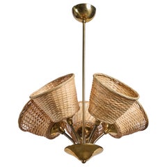 Finnish Designer, Chandelier, Brass, Rattan, Finland, 1950s