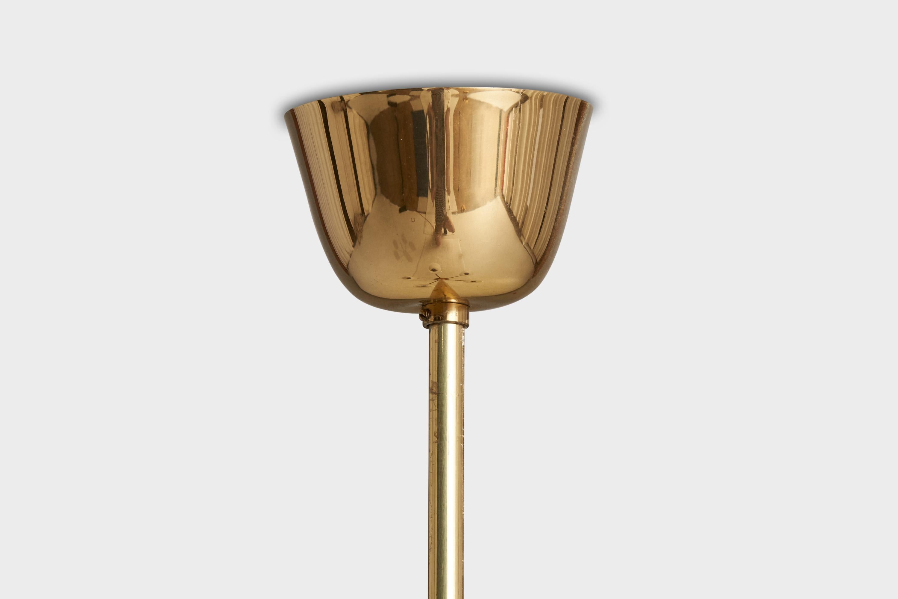 Finnish Designer, Chandelier, Brass, Teak, Metal, Glass, Finland, 1950s For Sale 5