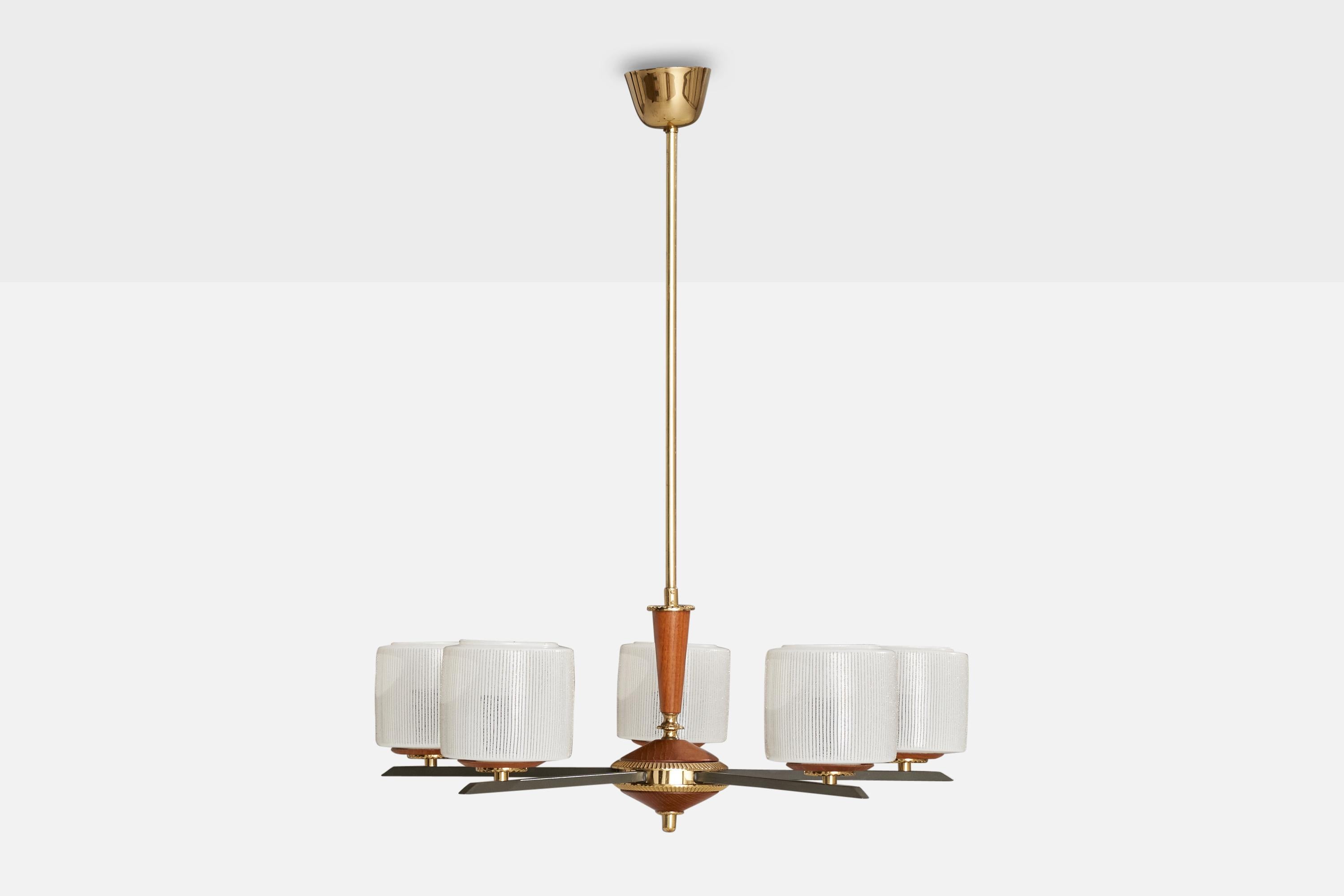 Mid-Century Modern Finnish Designer, Chandelier, Brass, Teak, Metal, Glass, Finland, 1950s For Sale