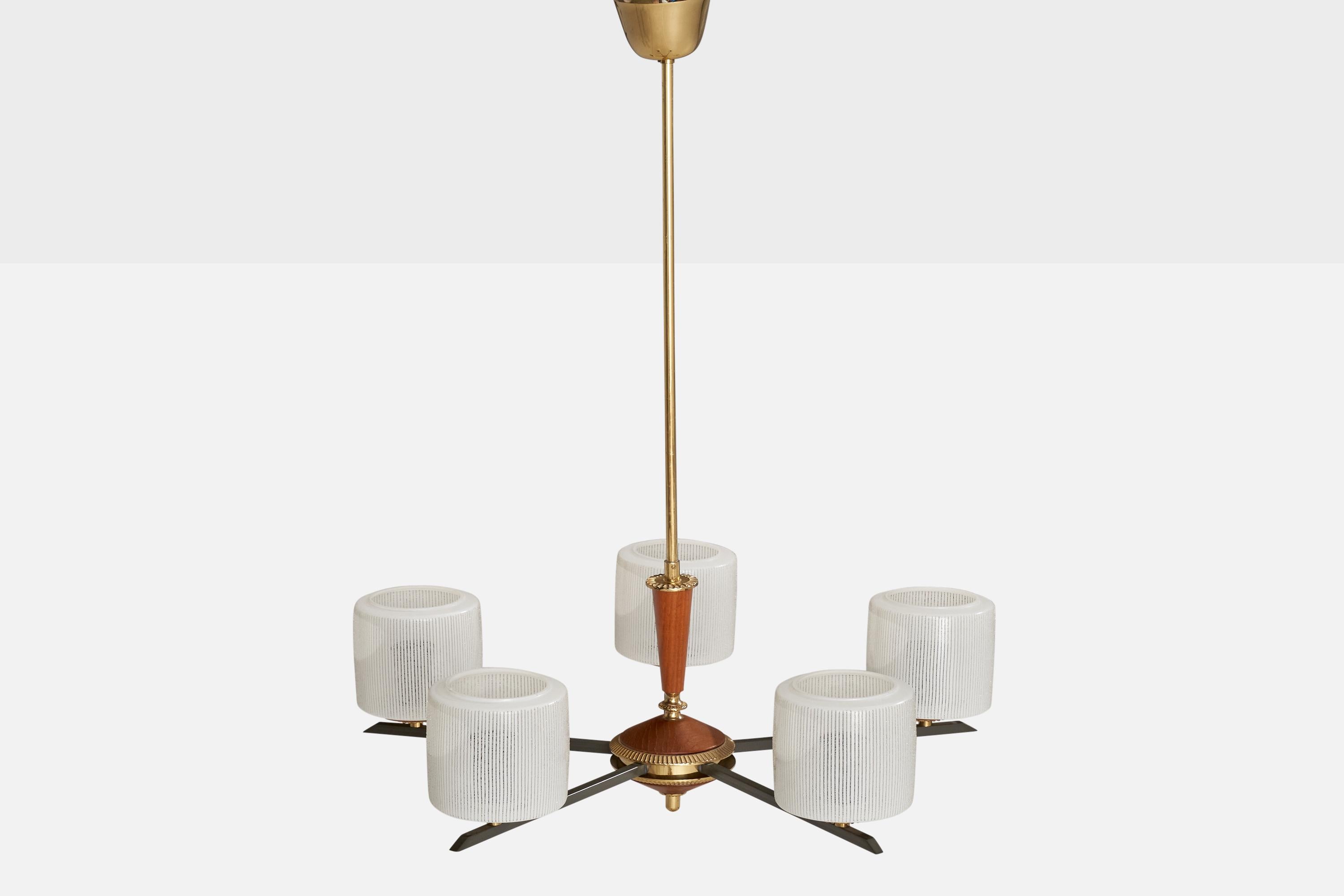 Finnish Designer, Chandelier, Brass, Teak, Metal, Glass, Finland, 1950s In Good Condition For Sale In High Point, NC