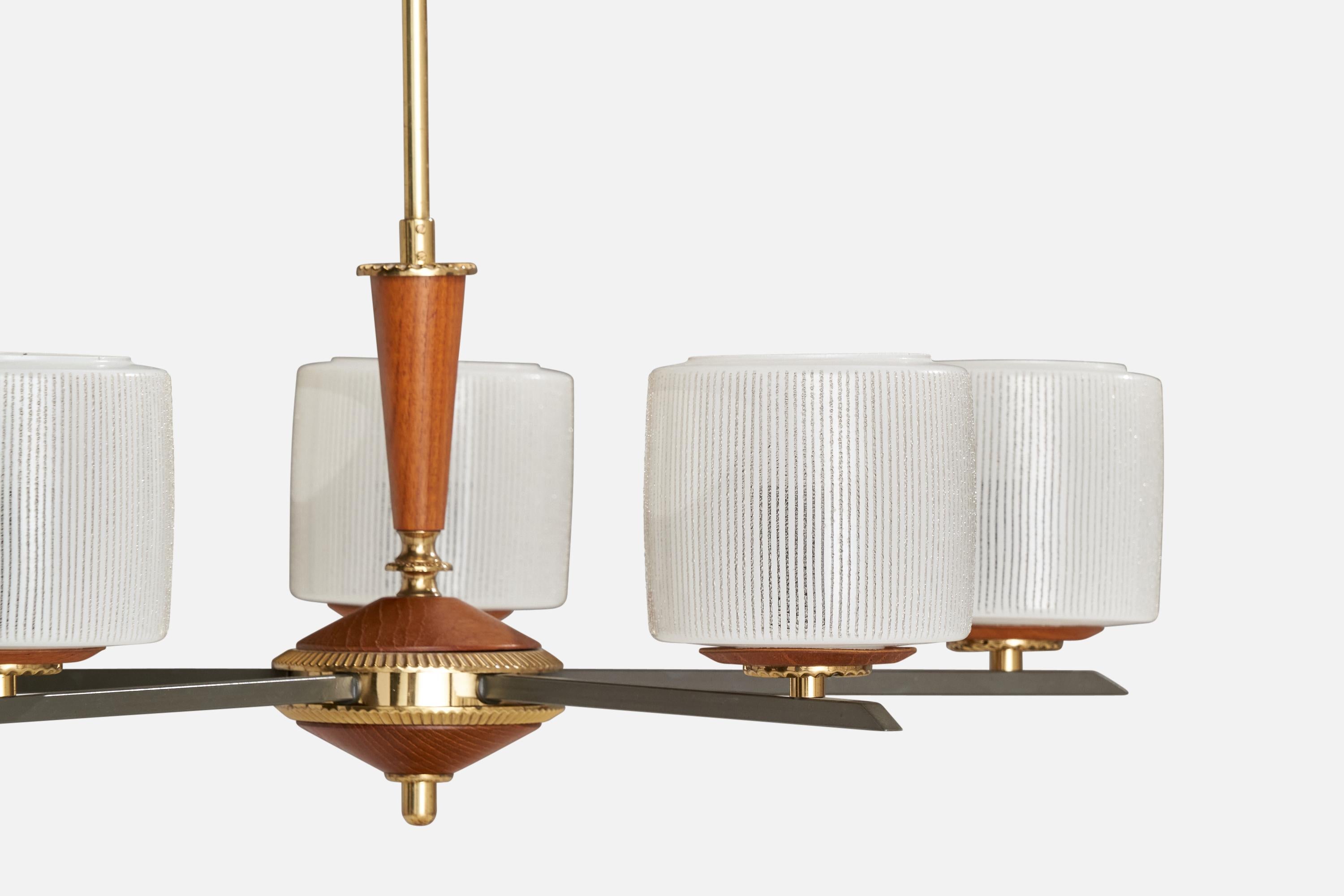 Mid-20th Century Finnish Designer, Chandelier, Brass, Teak, Metal, Glass, Finland, 1950s For Sale