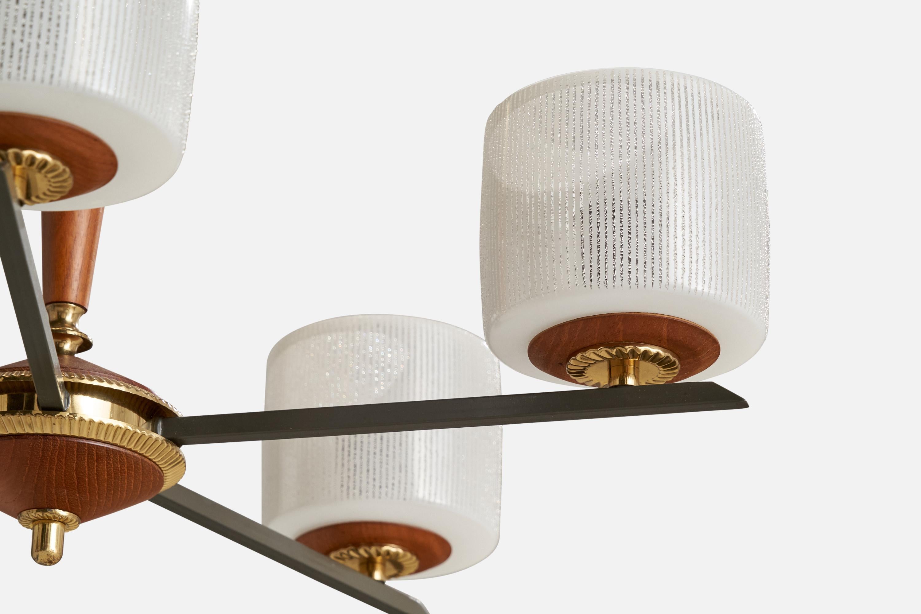 Finnish Designer, Chandelier, Brass, Teak, Metal, Glass, Finland, 1950s For Sale 1