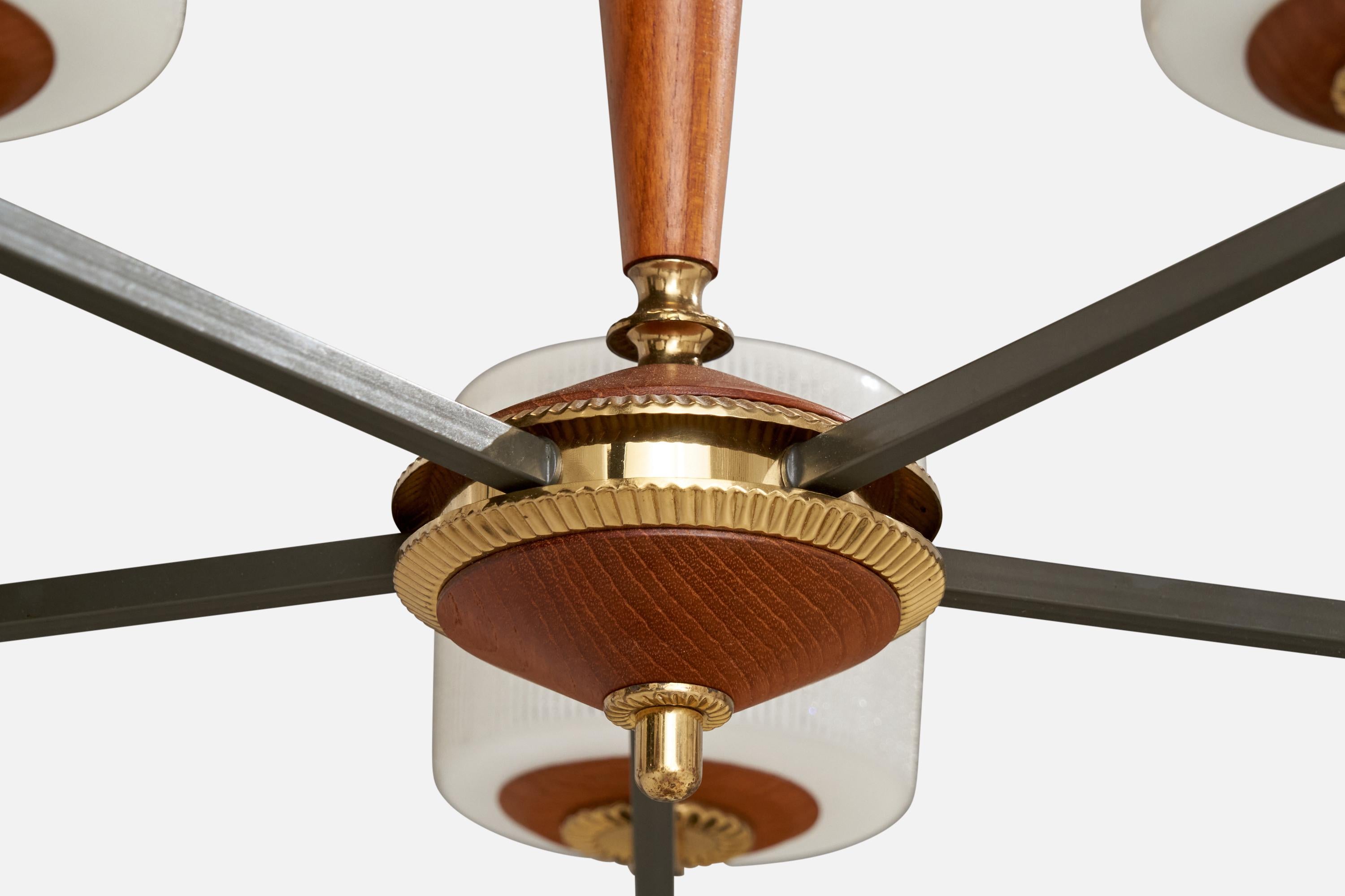 Finnish Designer, Chandelier, Brass, Teak, Metal, Glass, Finland, 1950s For Sale 2