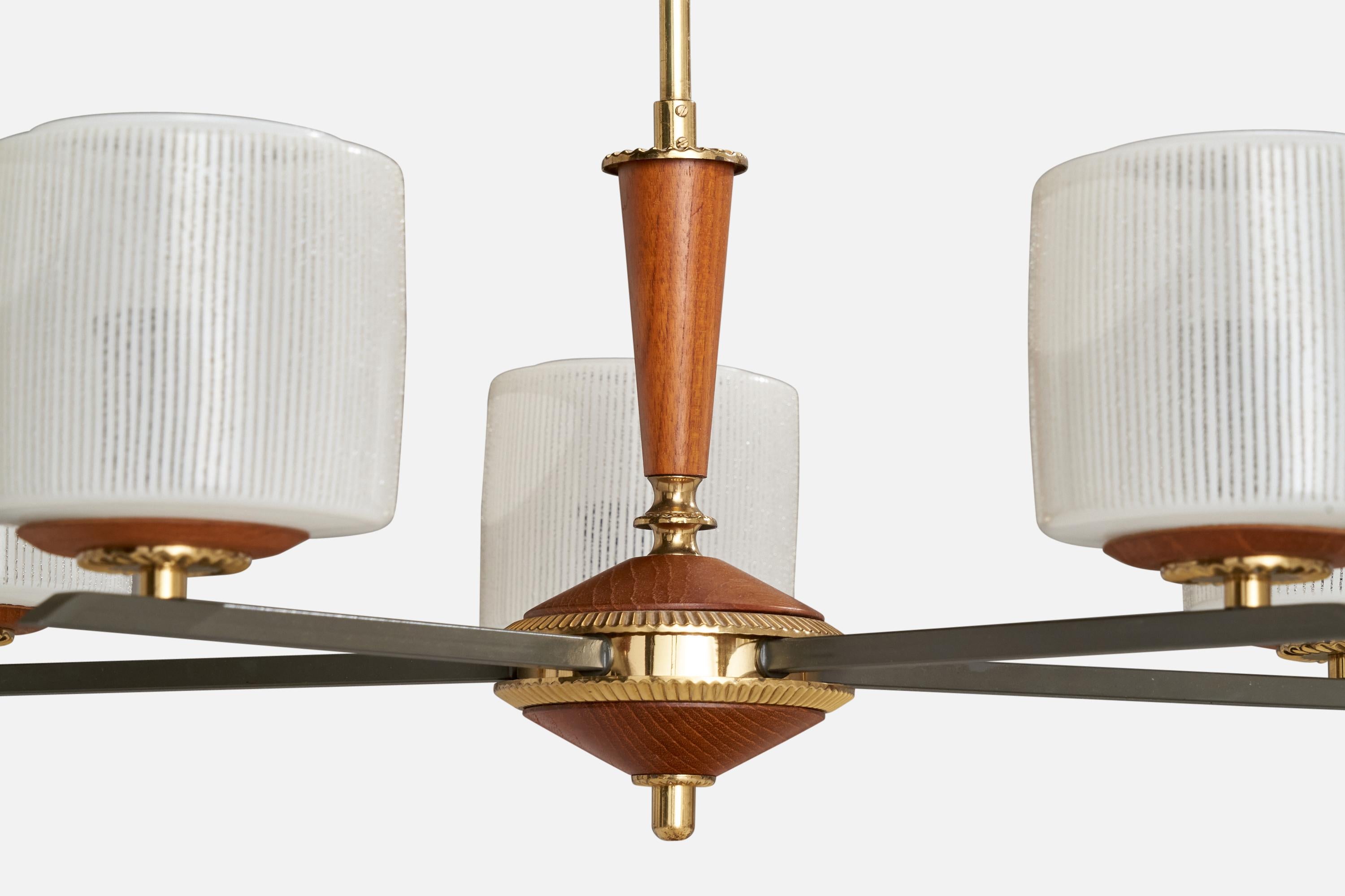 Finnish Designer, Chandelier, Brass, Teak, Metal, Glass, Finland, 1950s For Sale 3
