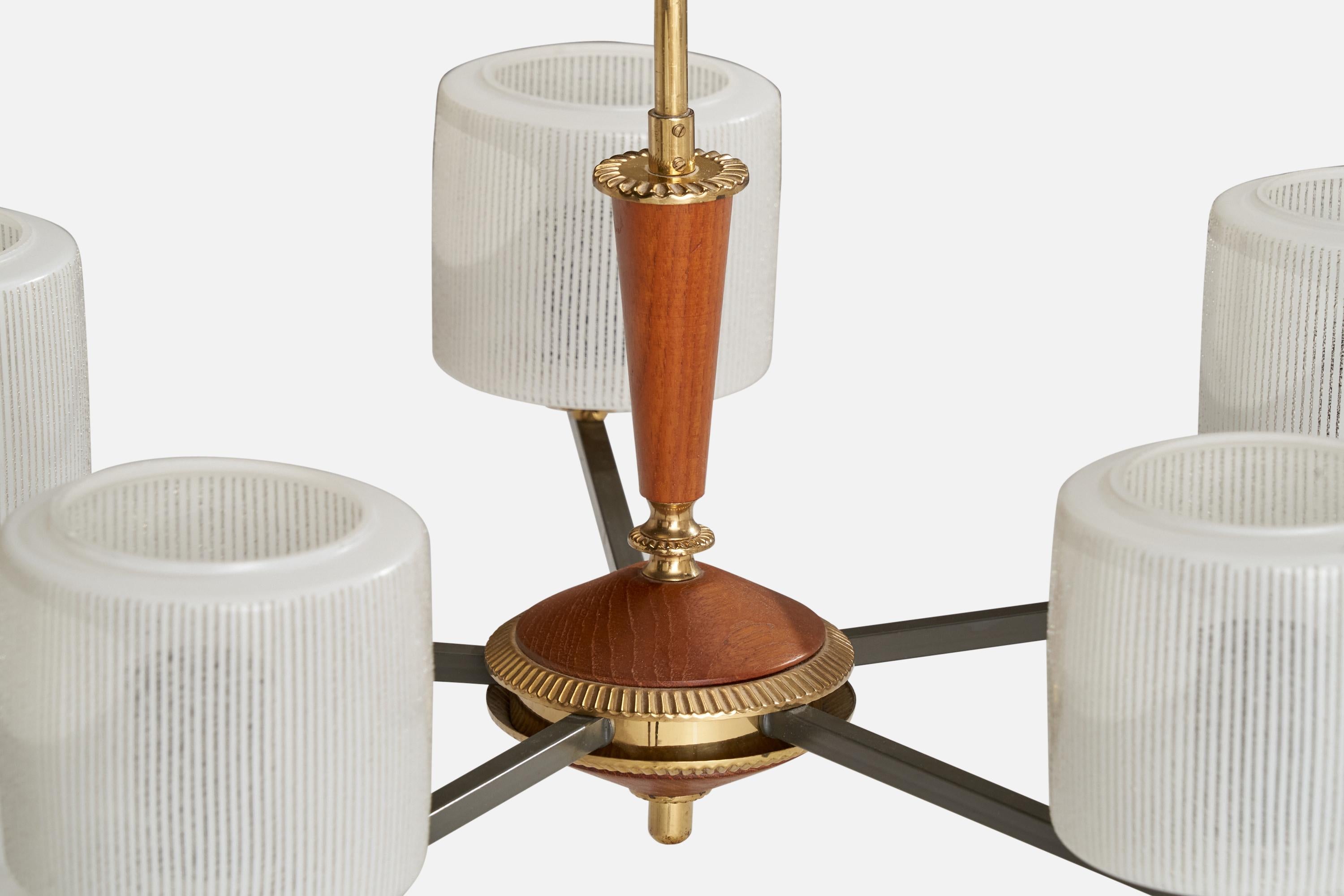 Finnish Designer, Chandelier, Brass, Teak, Metal, Glass, Finland, 1950s For Sale 4