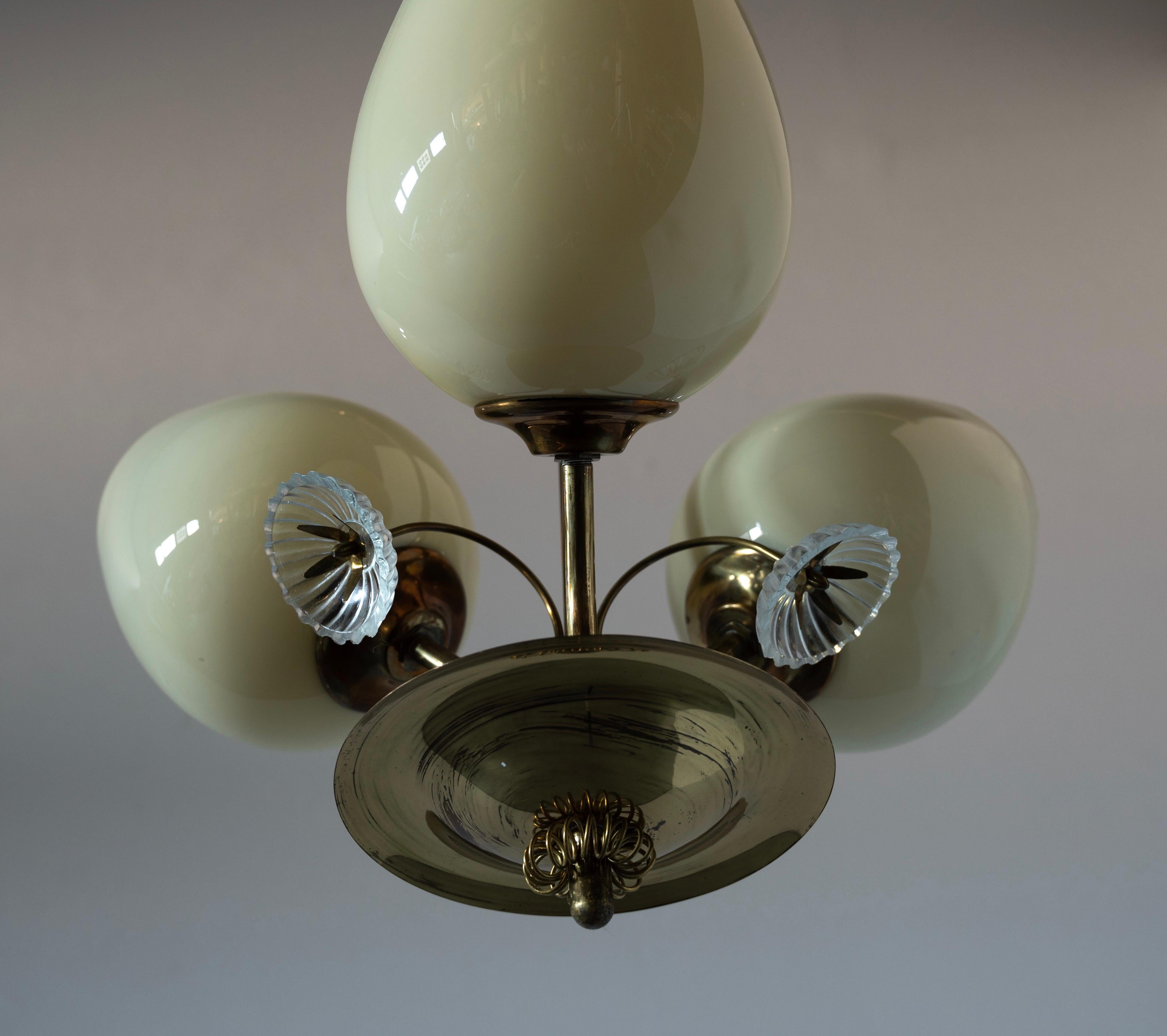 Scandinavian Modern Finnish Designer, Chandelier Light, Brass, Glass, Finland, 1940s For Sale