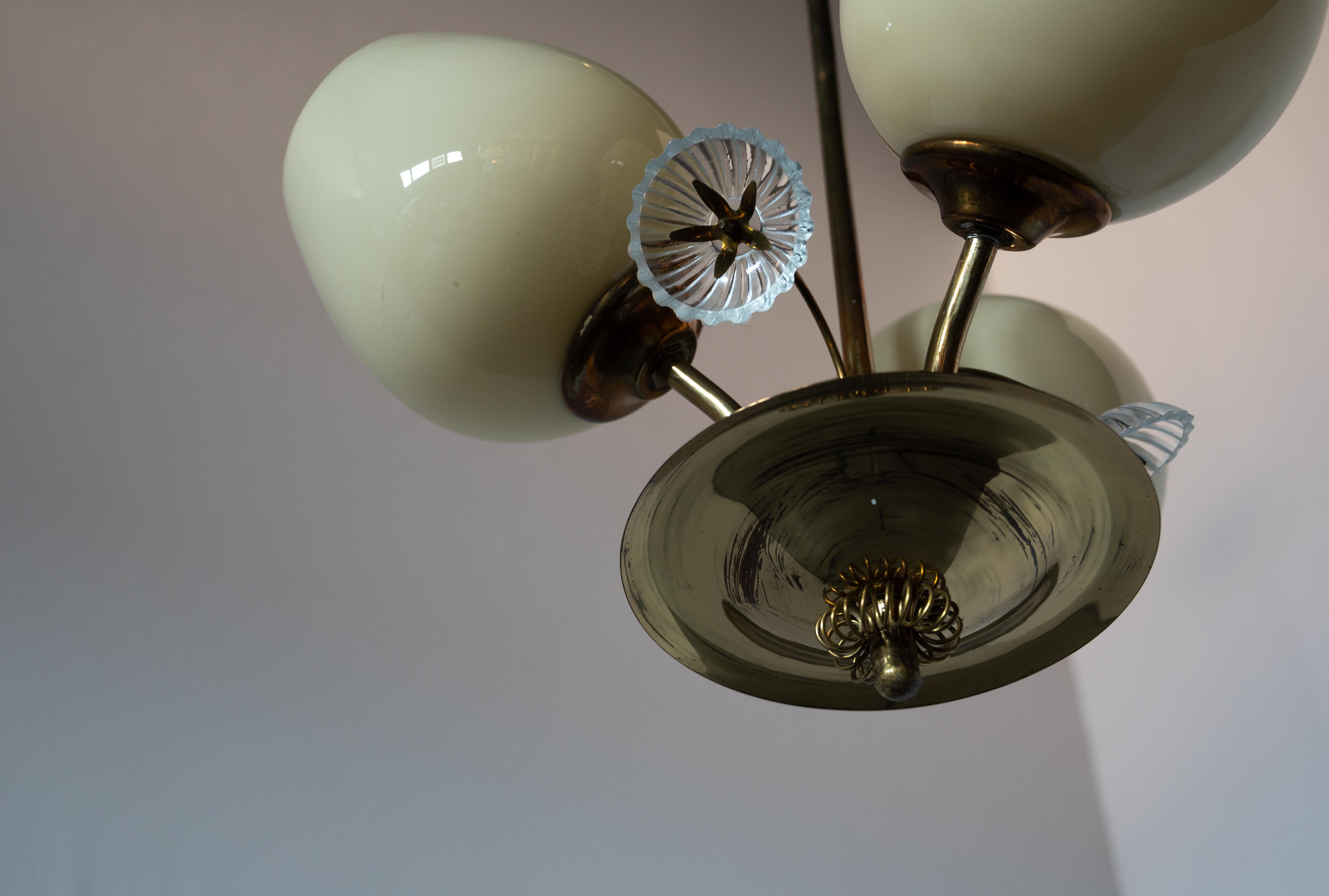 Finnish Designer, Chandelier Light, Brass, Glass, Finland, 1940s In Good Condition For Sale In High Point, NC