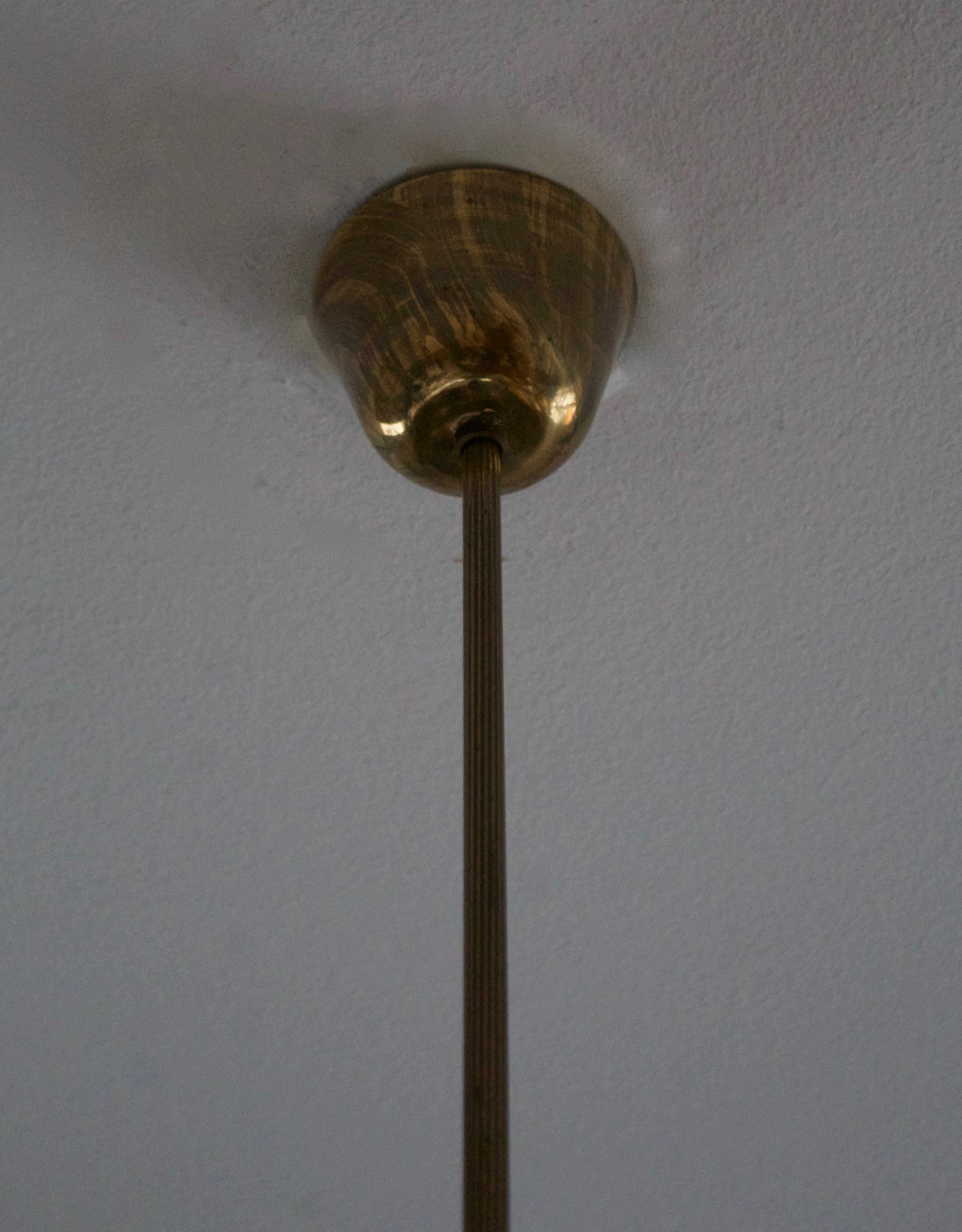 Finnish Designer, Chandelier Light, Brass, Glass, Finland, 1940s In Good Condition In High Point, NC