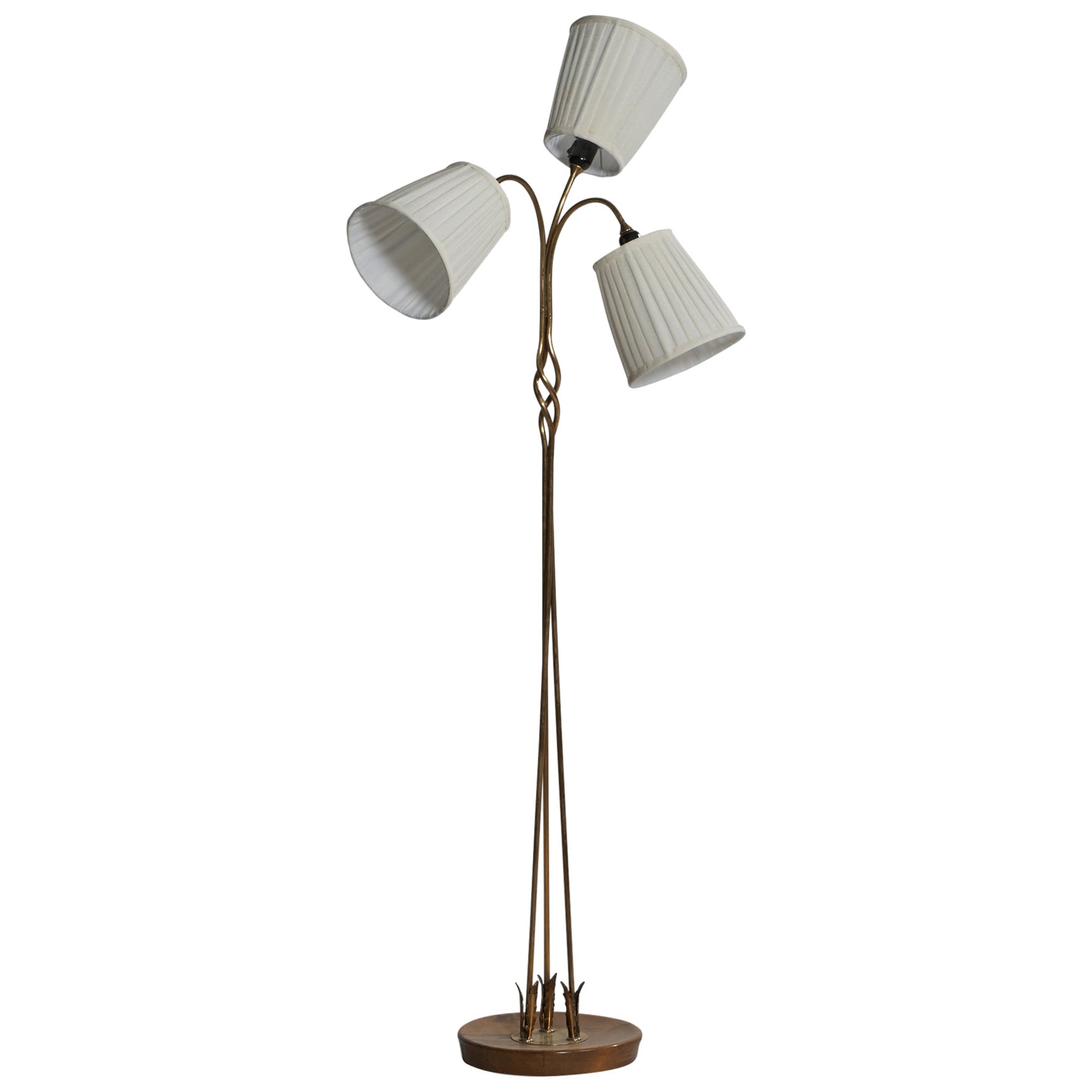 Lampadaire de designer finlandais, laiton, bouleau, tissu, Finlande, années 1950