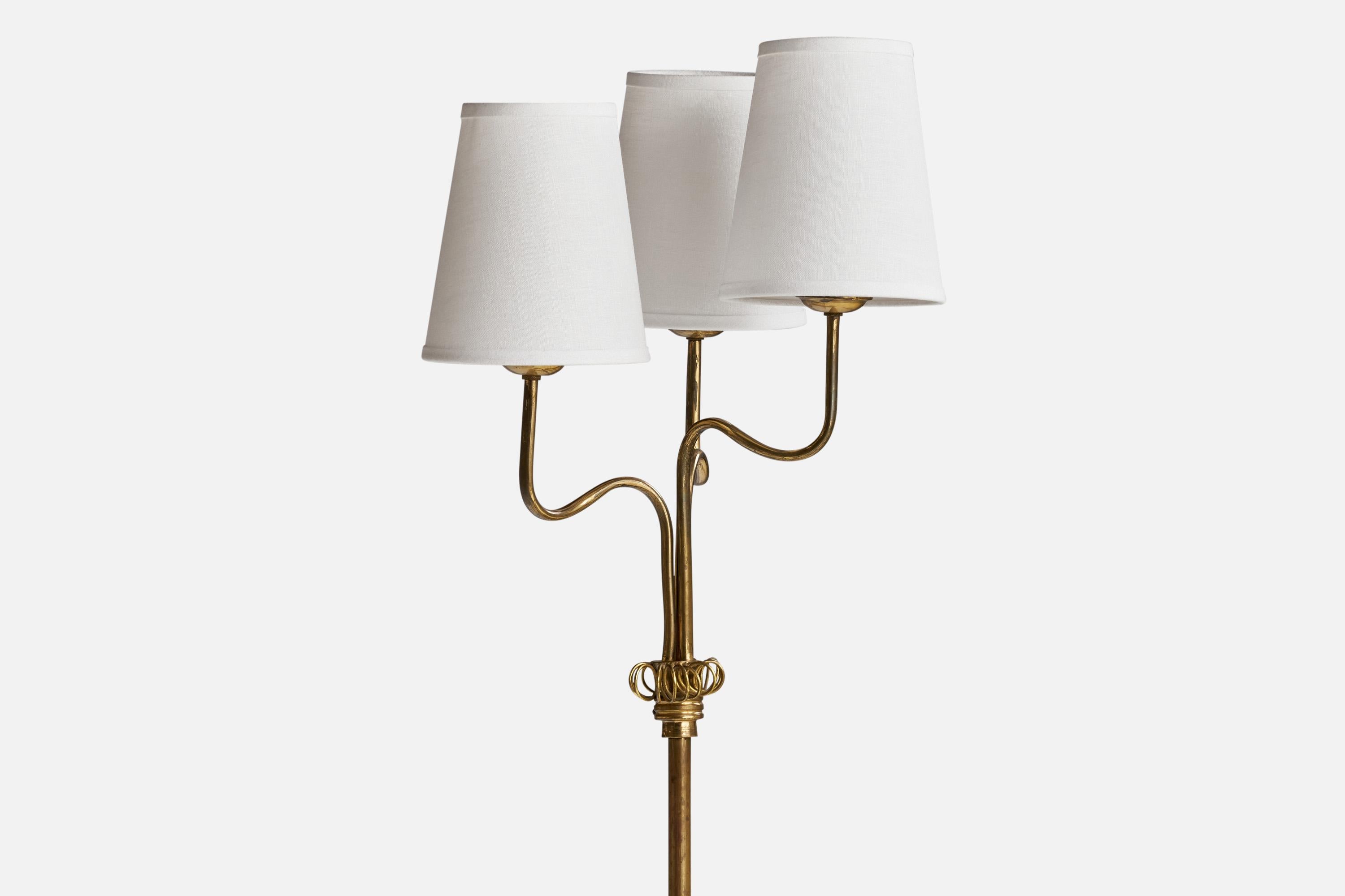 Scandinavian Modern Finnish Designer, Floor Lamp, Brass, Fabric, Finland, 1940s For Sale