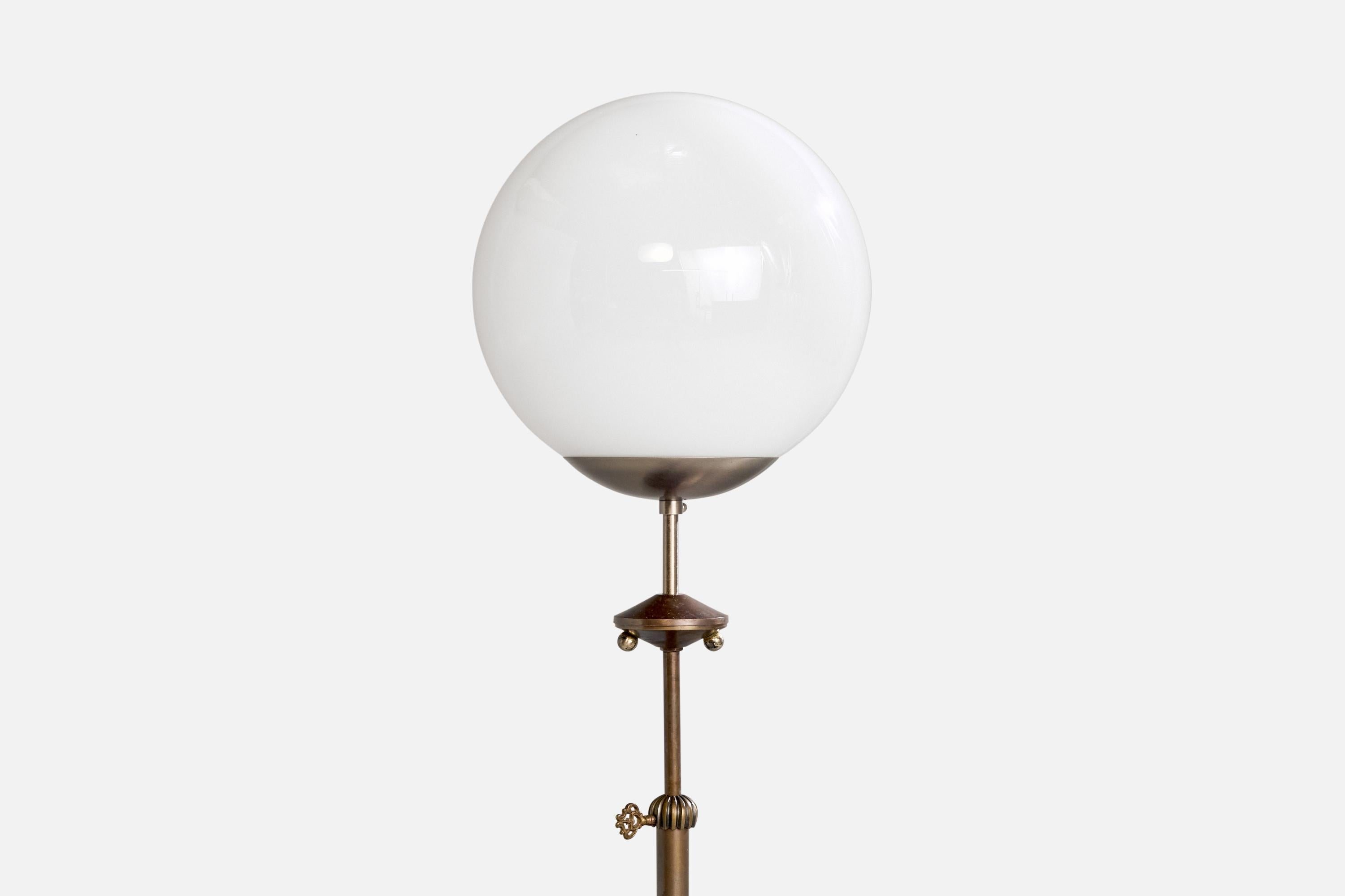 Mid-Century Modern Finnish Designer, Floor Lamp, Brass, Metal, Glass, Finland, 1970s For Sale