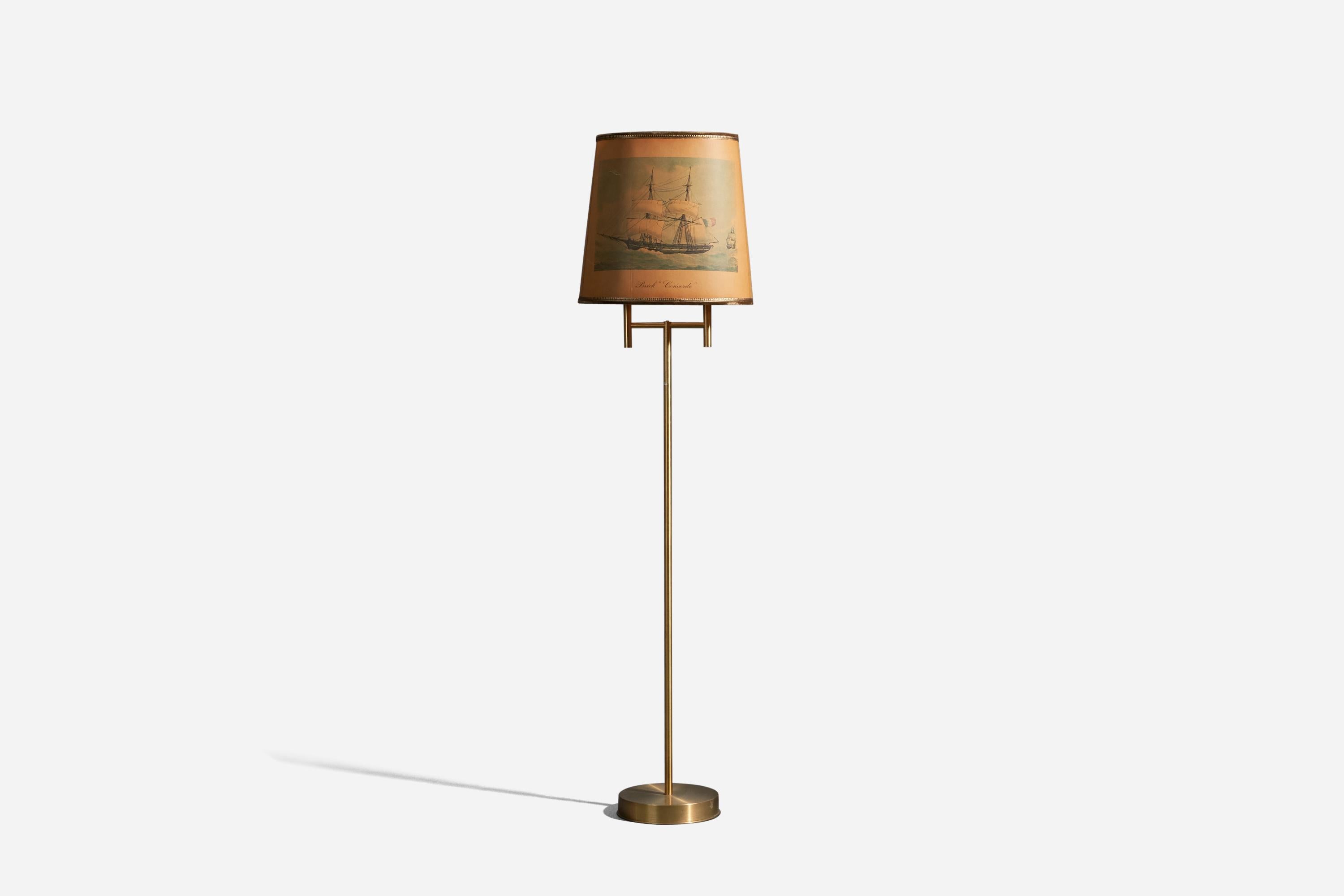 A brass and paper floor lamp designed and produced in Finland, 1960s.

Sold with lampshade. Dimensions stated are of floor lamp with lampshade. 

Sockets take standard E-26 medium base bulbs.

There is no maximum wattage stated on the fixture.