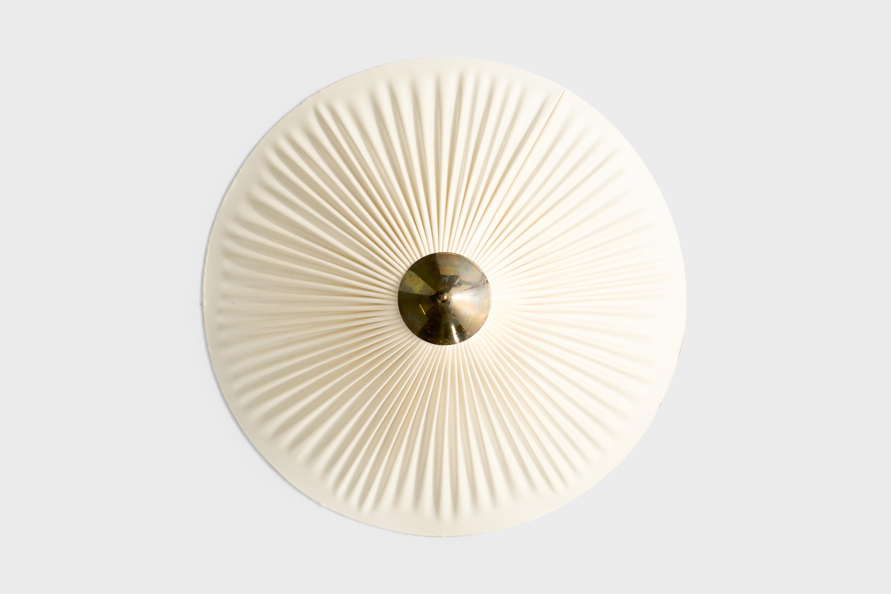 Scandinavian Modern Finnish Designer, Flush Mount, Brass, Fabric, Finland, 1950s