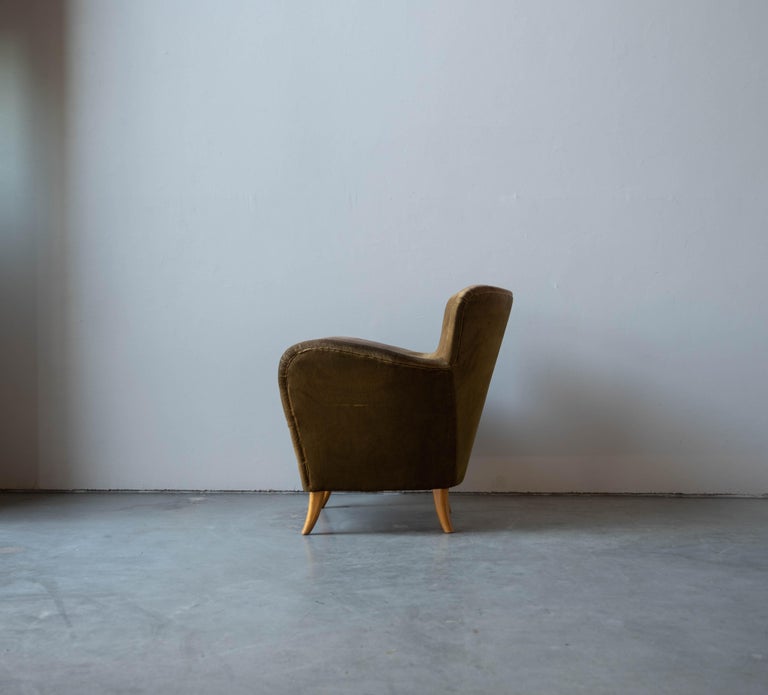 Danish Finnish Designer, Lounge Chair, Velvet, Birch, Finland, 1940s For Sale