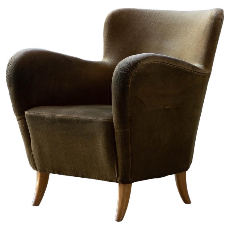Finnish Designer, Lounge Chair, Velvet, Birch, Finland, 1940s For Sale
