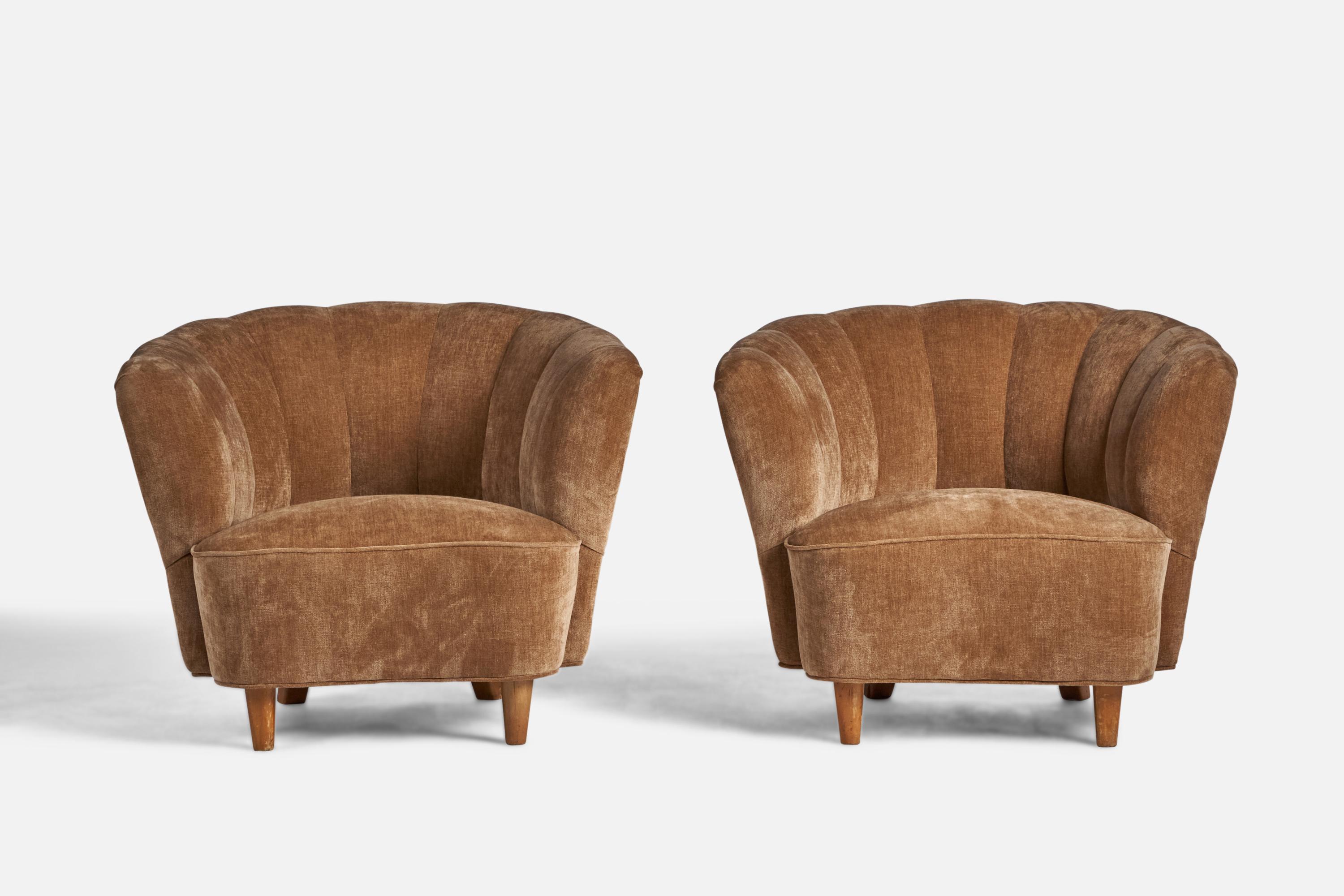 Scandinavian Modern Finnish Designer, Lounge Chairs, Birch, Fabric, Finland, 1940s For Sale