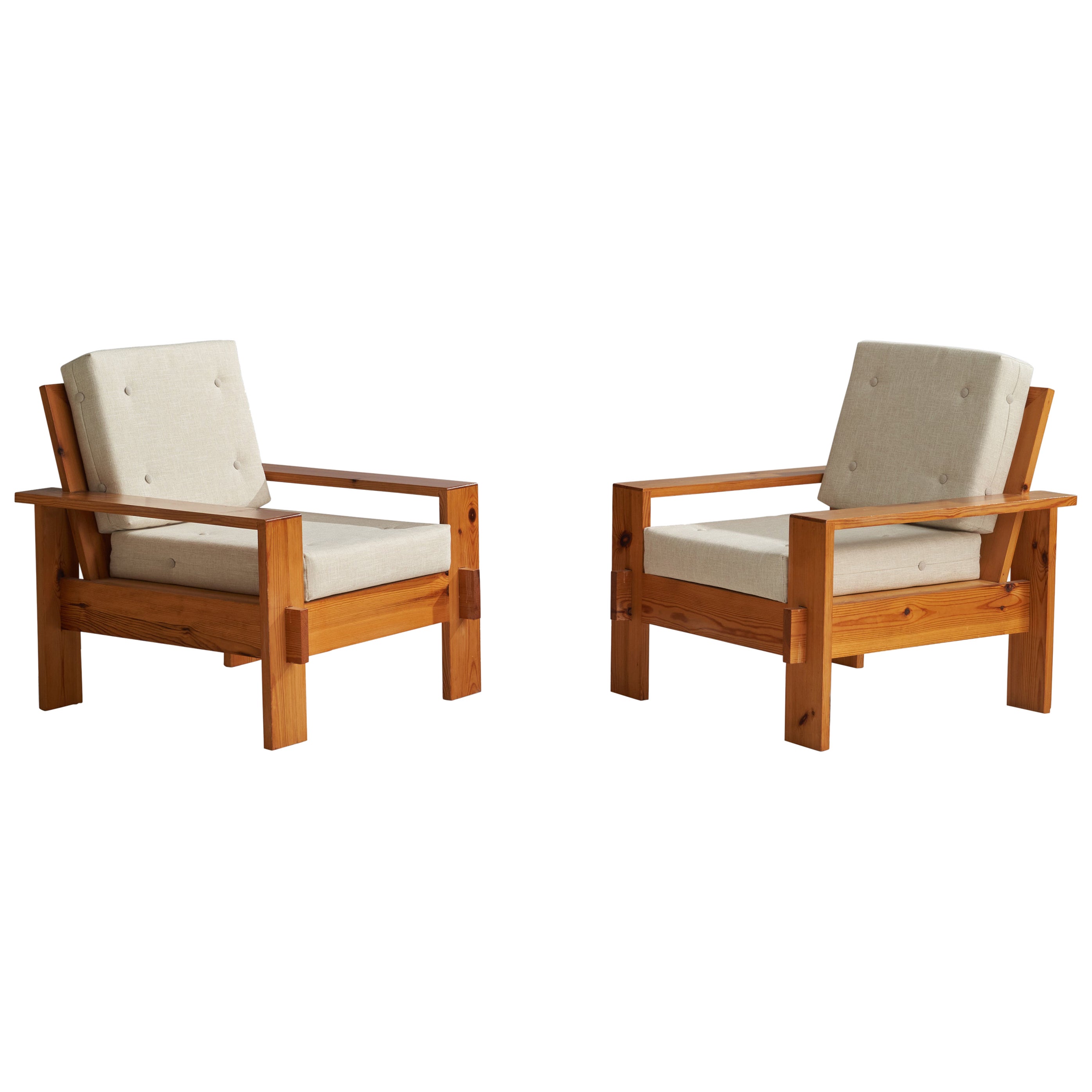 Designer finlandais, fauteuils de salon, pin, tissu, Finlande, 1970