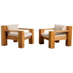 Finnish Designer, Lounge Chairs, Pine, Fabric, Finland, 1970s