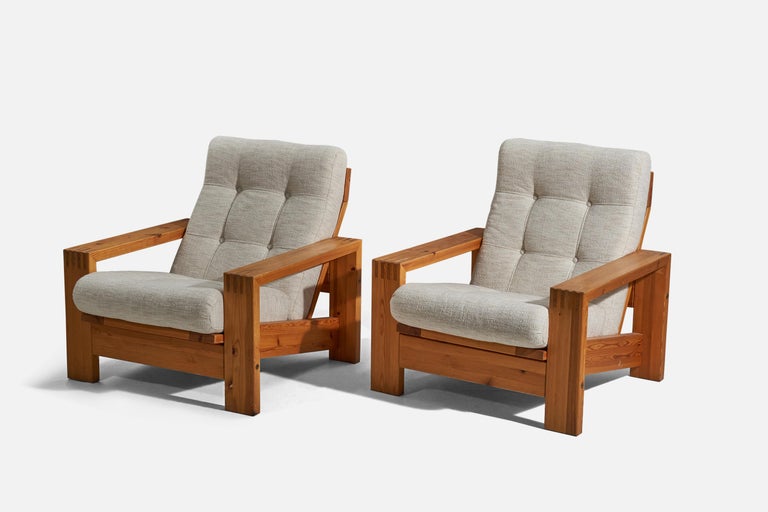 Modern Finnish Designer, Lounge Chairs, Pine, Fabric, Sweden, 1970s For Sale