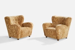 Finnish Designer, Lounge Chairs, Shearling, Wood, Finland, 1940s