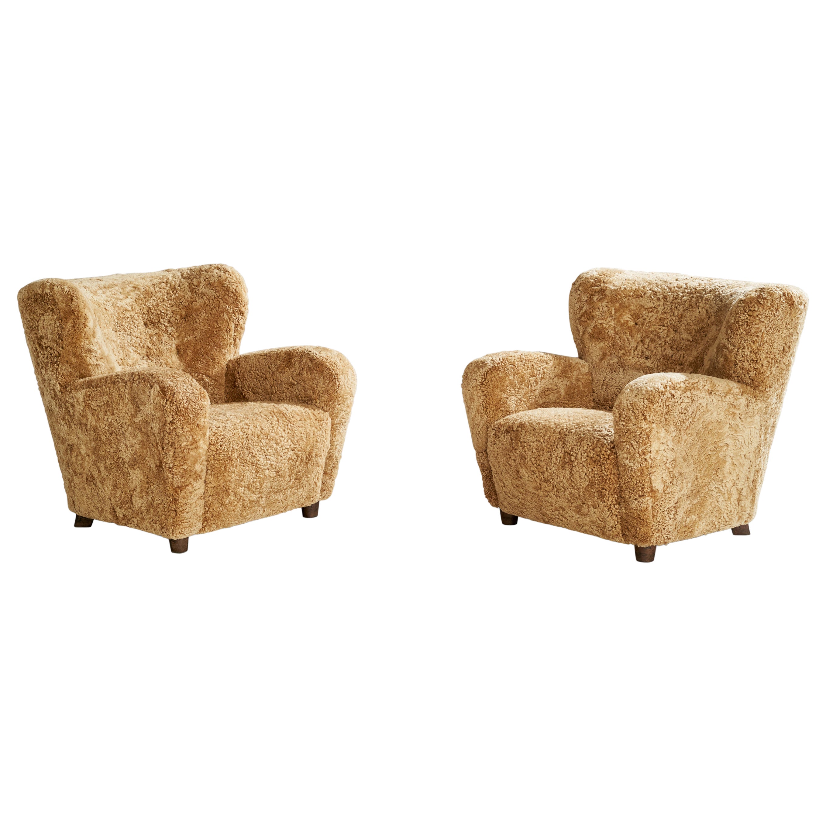 Finnish Designer, Lounge Chairs, Shearling, Wood, Finland, 1940s