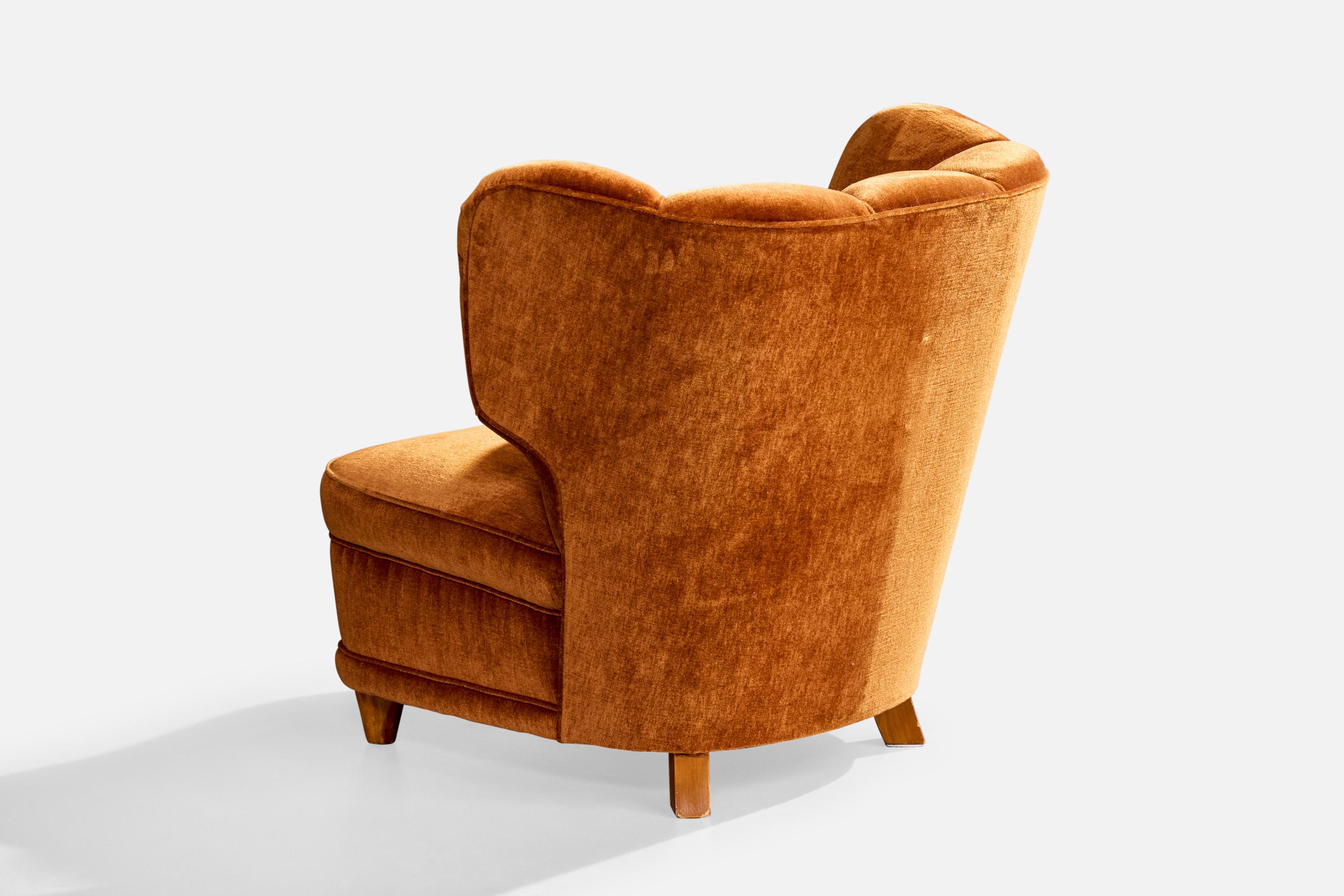 Finnische Designerin, Loungesessel, Samt, Holz, Finnland, 1940er Jahre im Angebot 5