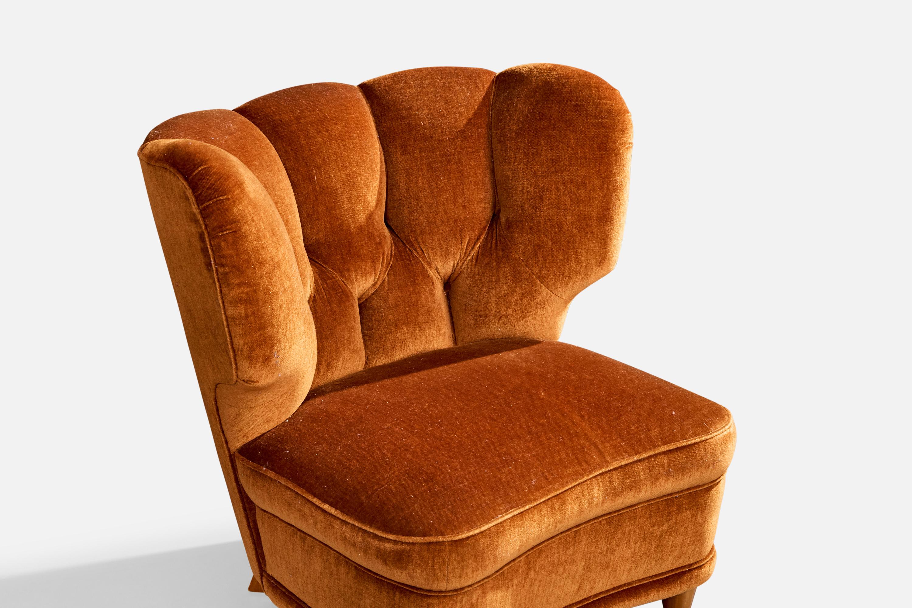 Finnische Designerin, Loungesessel, Samt, Holz, Finnland, 1940er Jahre im Angebot 7