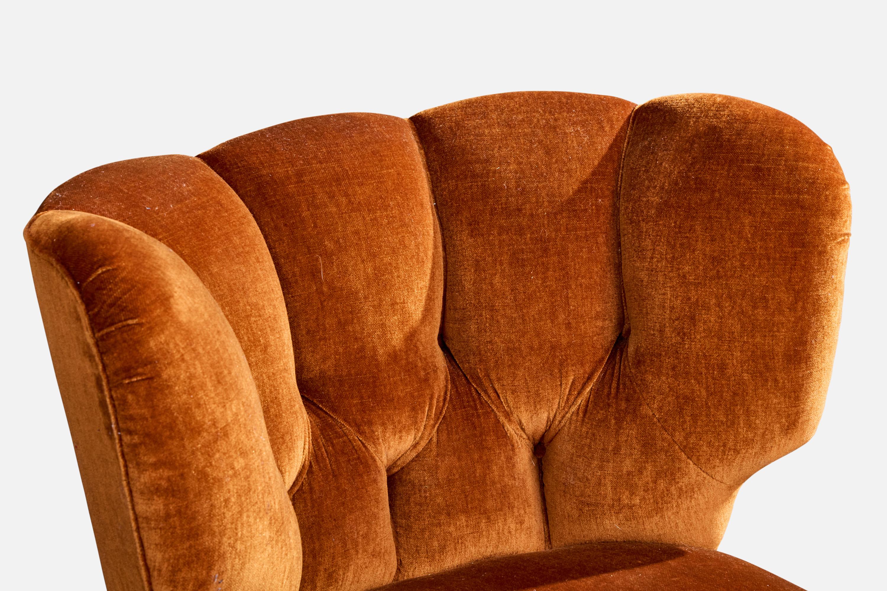 Finnische Designerin, Loungesessel, Samt, Holz, Finnland, 1940er Jahre im Angebot 8