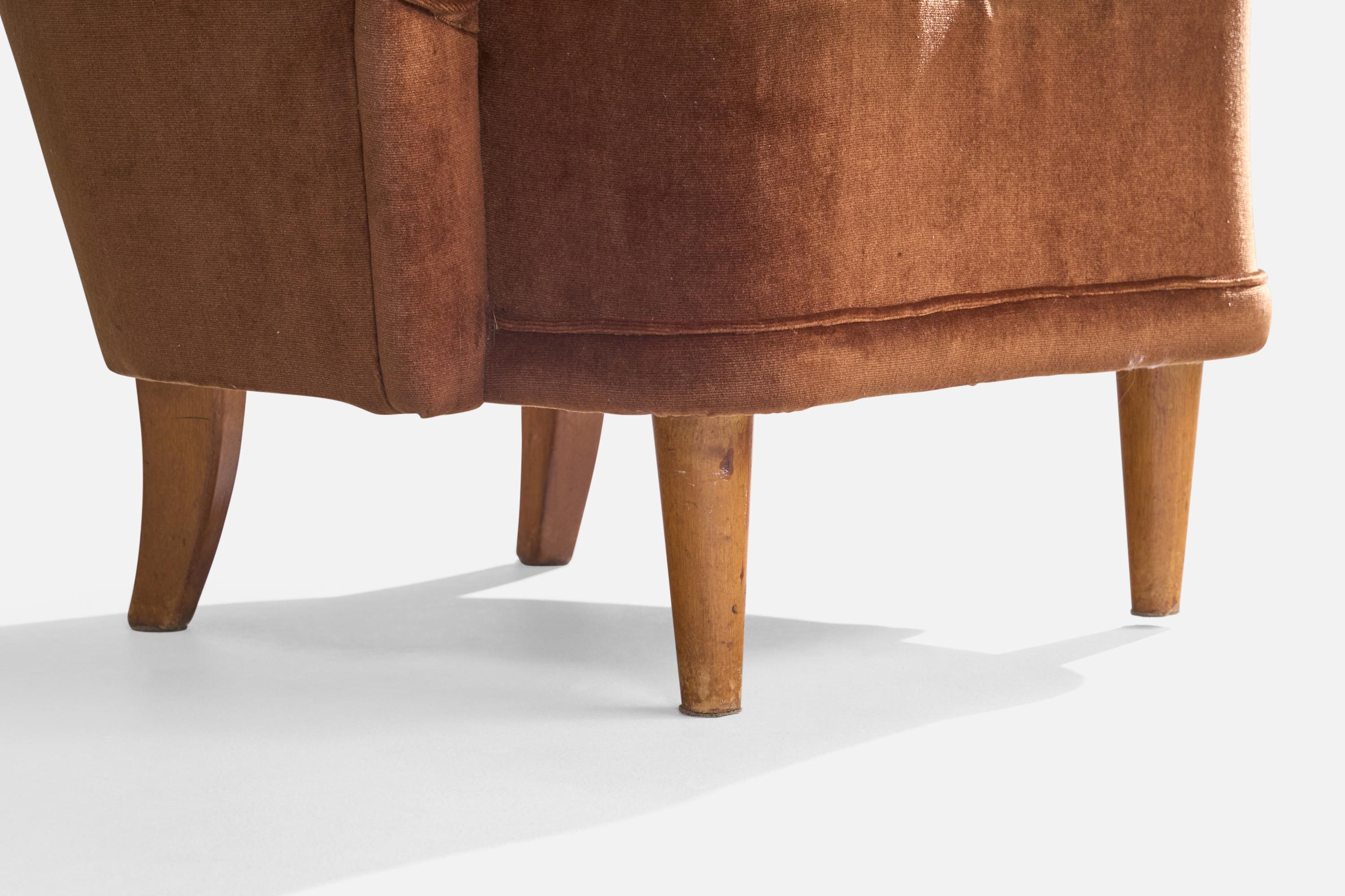 Mid-20th Century Finnish Designer, Lounge Chairs, Velvet, Wood, Finland, 1940s For Sale