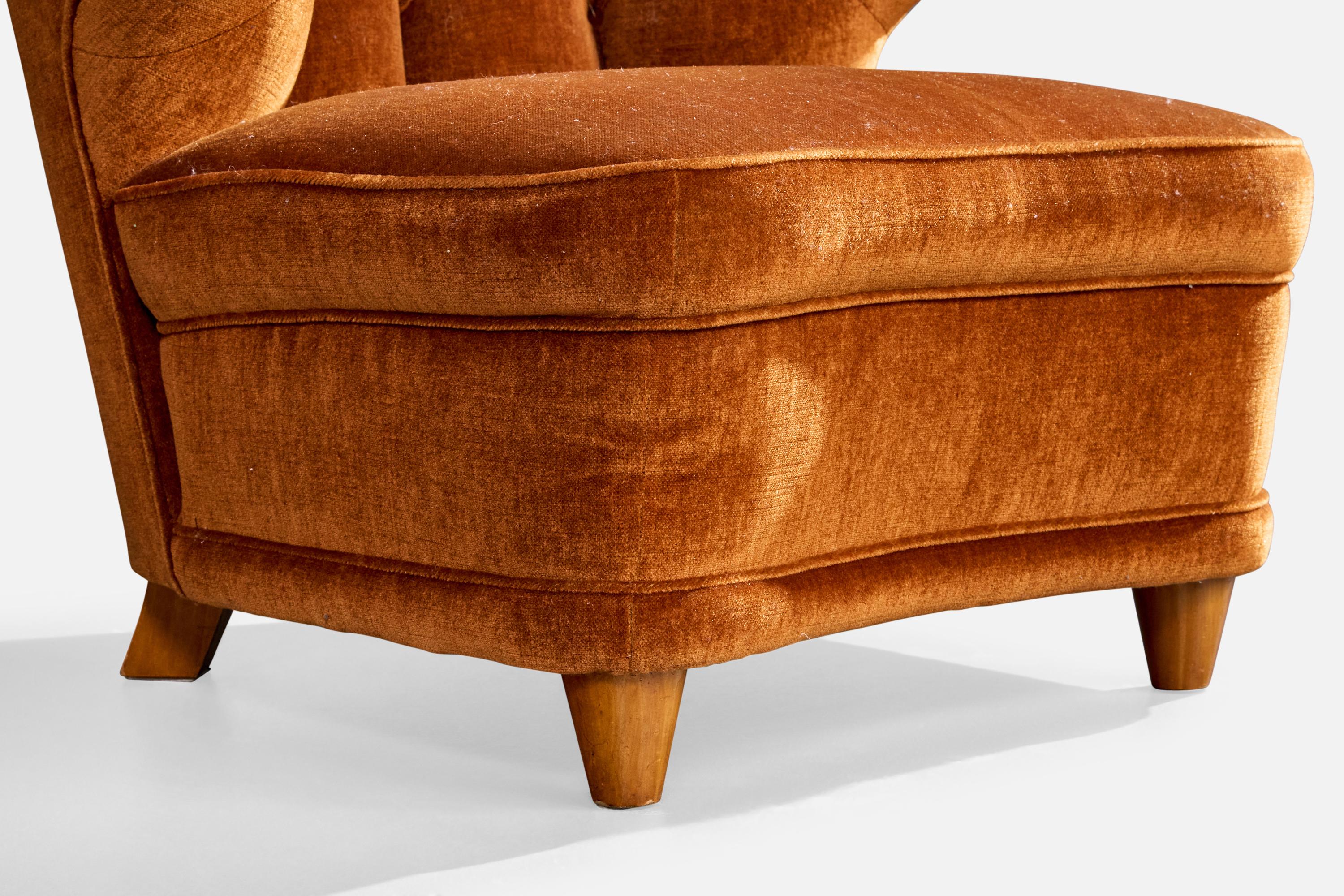 Finnische Designerin, Loungesessel, Samt, Holz, Finnland, 1940er Jahre (Mitte des 20. Jahrhunderts) im Angebot