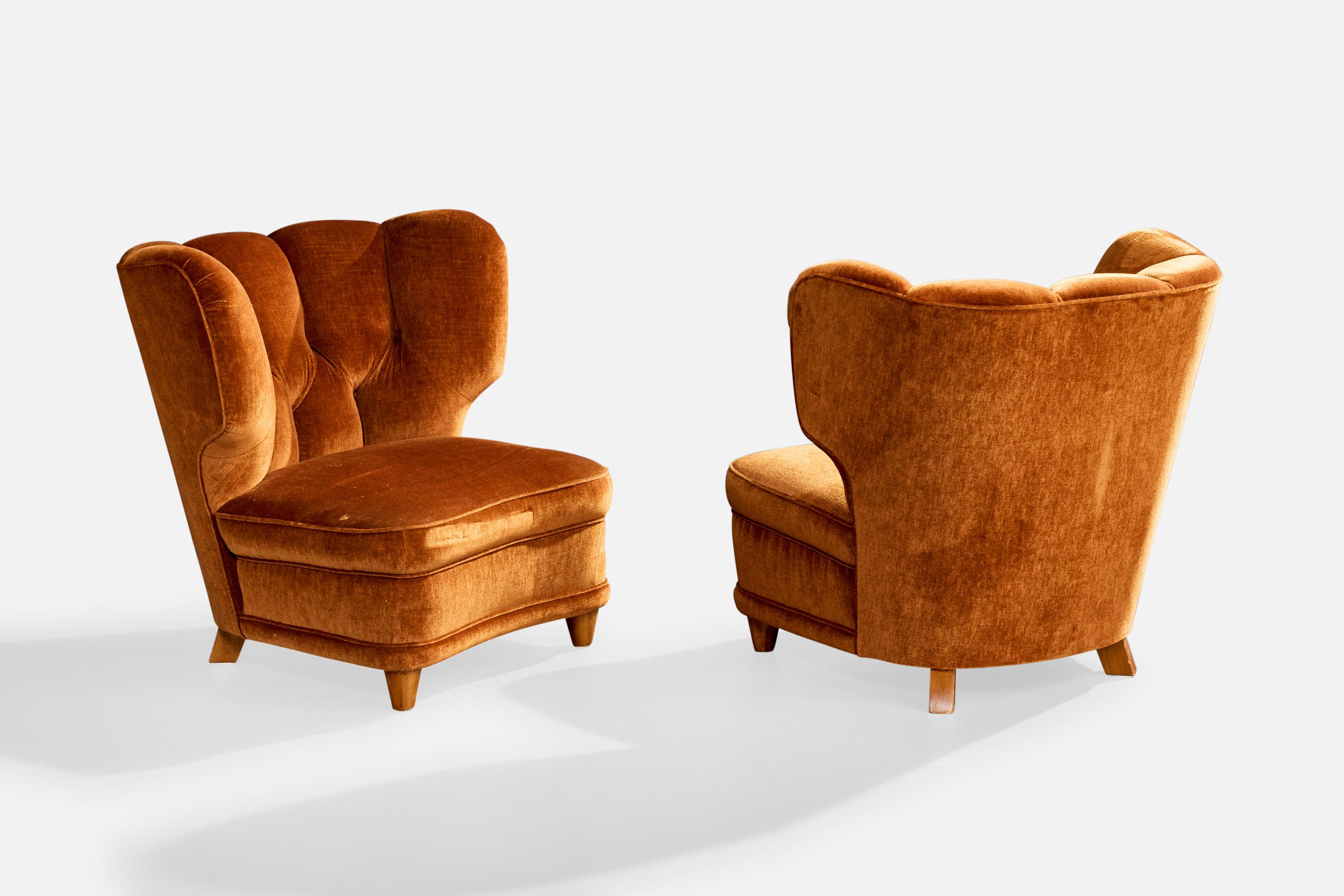 Finnische Designerin, Loungesessel, Samt, Holz, Finnland, 1940er Jahre im Angebot 2