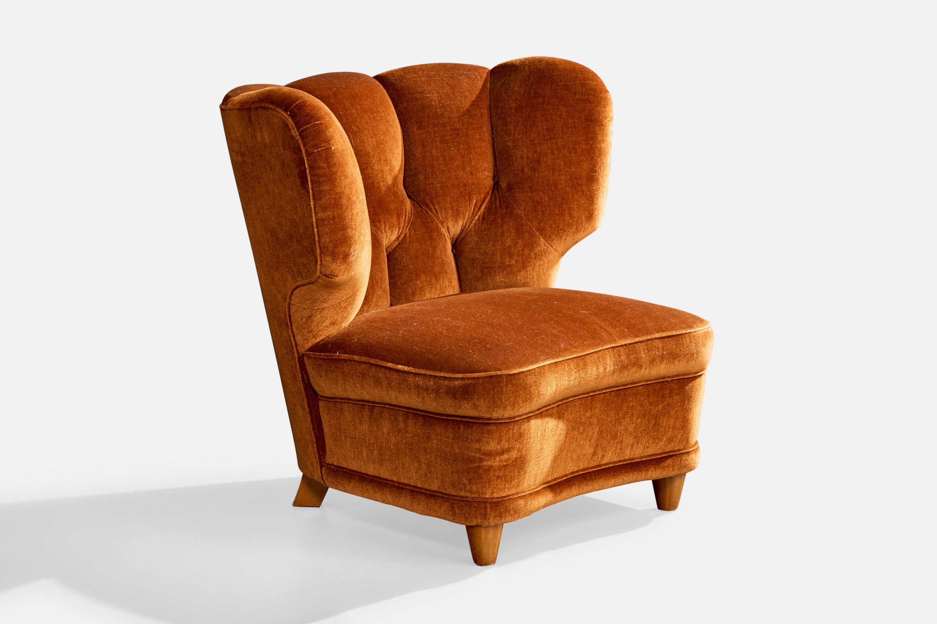 Finnische Designerin, Loungesessel, Samt, Holz, Finnland, 1940er Jahre im Angebot 4