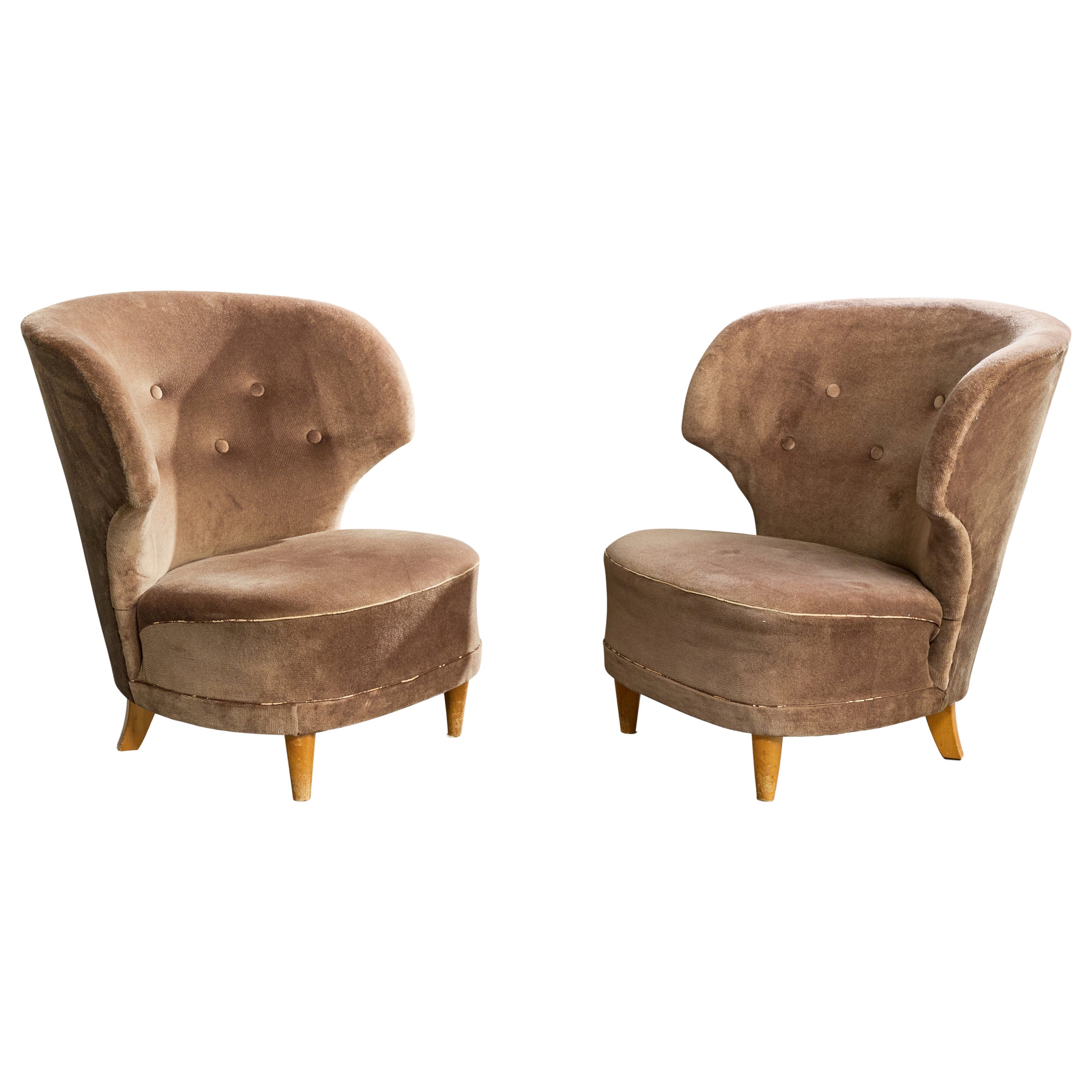 Designer finlandais, fauteuils de salon, velours, bois, Finlande, années 1950