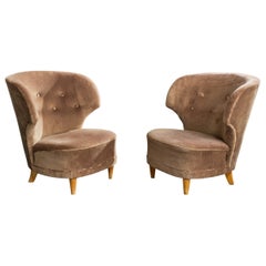 Designer finlandais, fauteuils de salon, velours, bois, Finlande, années 1950
