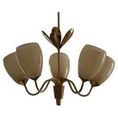 Finnish Designer, Organic Chandelier Light, Brass, Glass, Finland, 1940s