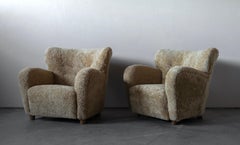 Finnish Designer, Organic Lounge Chairs, Beige Sheepskin, Wood, Finland, 1940s
