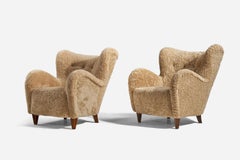 Finnish Designer, Organic Lounge Chairs, Shearling, Birch, Finland, 1940s