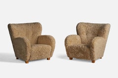 Finnish Designer, Organic Lounge Chairs, Shearling, Wood, Finland, 1940s