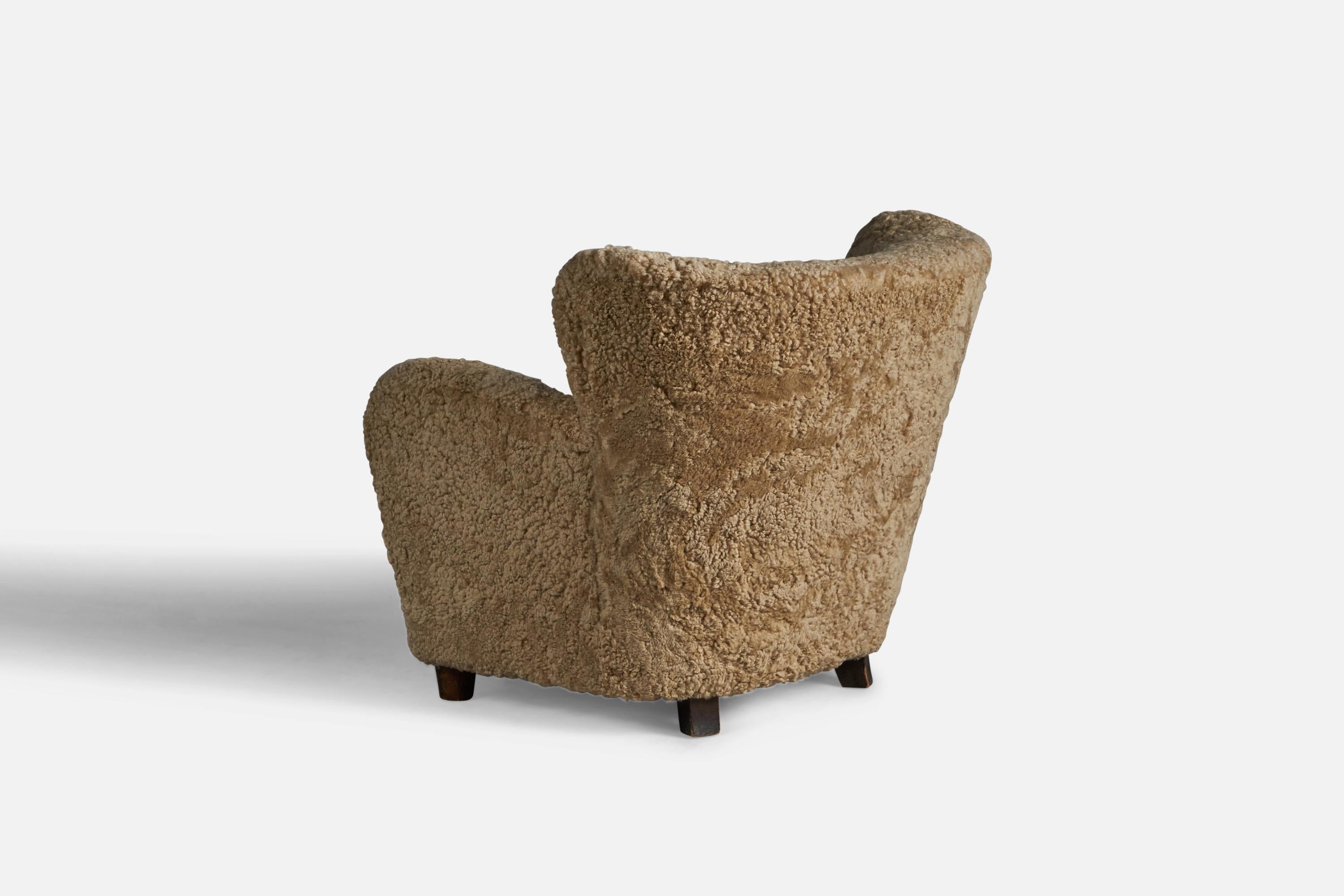 Mid-20th Century Finnish Designer, Organic Lounge Chairs, Shearling, Wood, Finland, 1940s For Sale