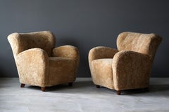 Finnish Designer, Organic Lounge Chairs, Sheepskin, Stained Wood, Finland, 1940s
