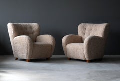 Finnish Designer, Organic Lounge Chairs, Sheepskin, Stained Wood, Finland, 1940s