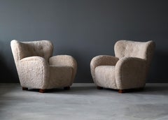 Finnish Designer, Organic Lounge Chairs, Sheepskin, Stained Wood, Finland, 1940s