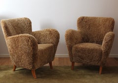 Finnish Designer, Organic Lounge Chairs, Sheepskin, Stained Wood, Finland, 1940s